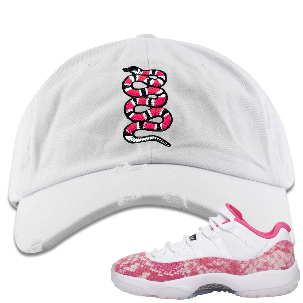 Pink Snakeskin WMNS Low 11s Distressed Dad Hat | Coiled Snake, White