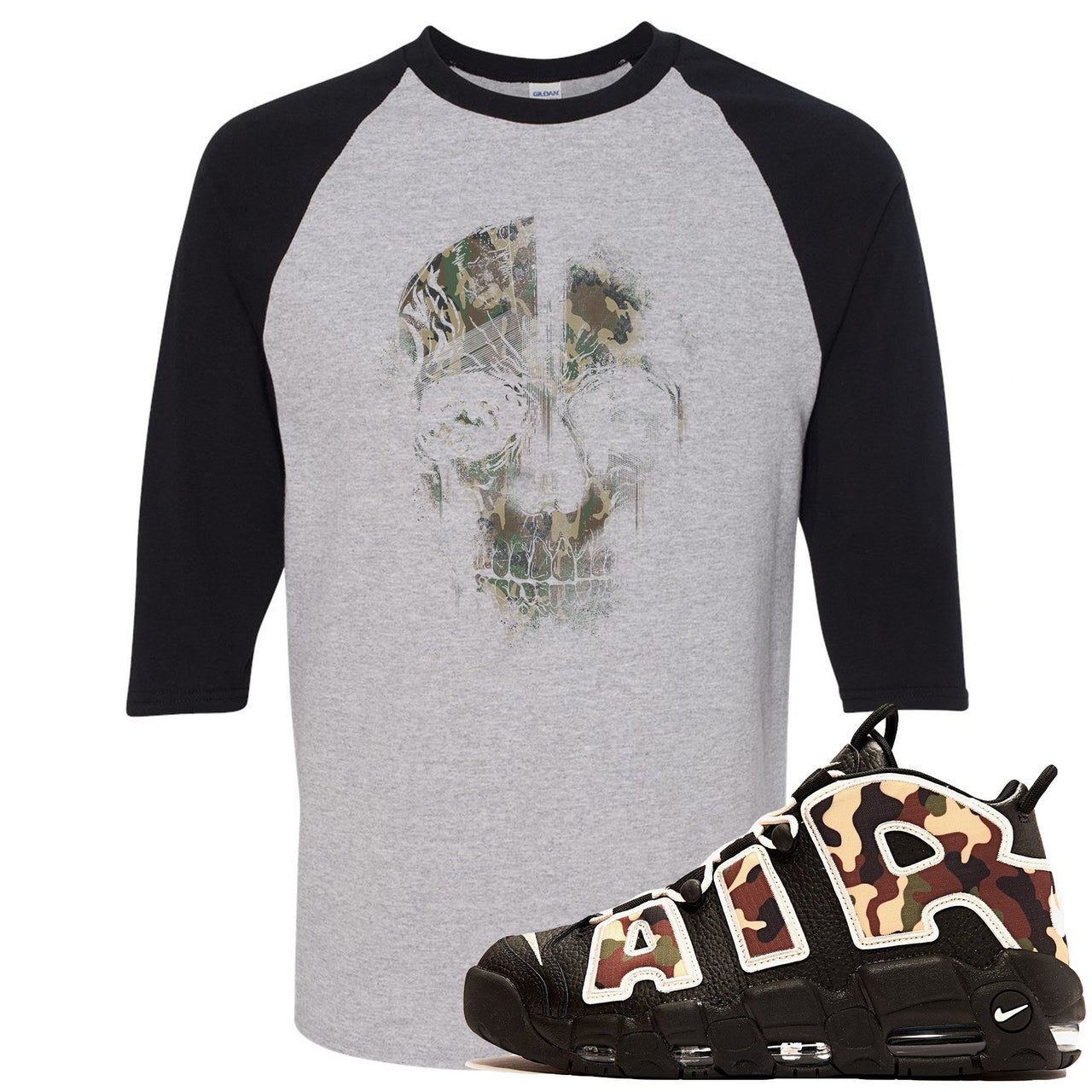 Camo Uptempos Raglan T Shirt | Camo Distressed Skull Head, Sport Grey and Black