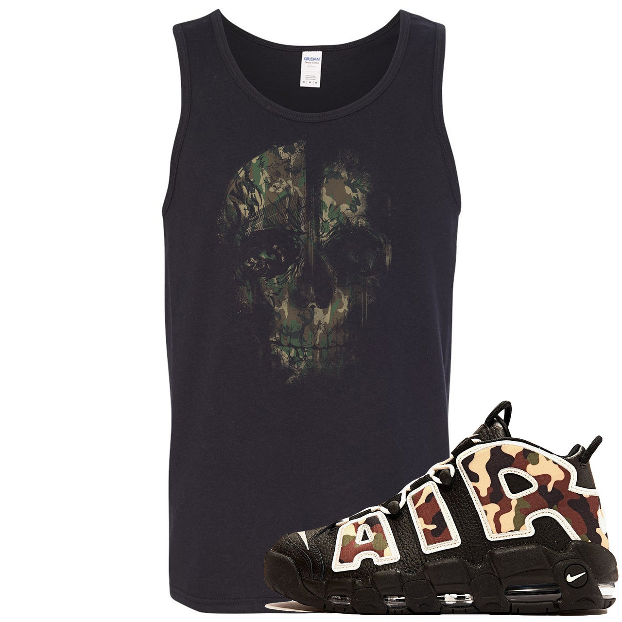 Camo Uptempos Mens Tank Top | Camo Distressed Skull Head, Black