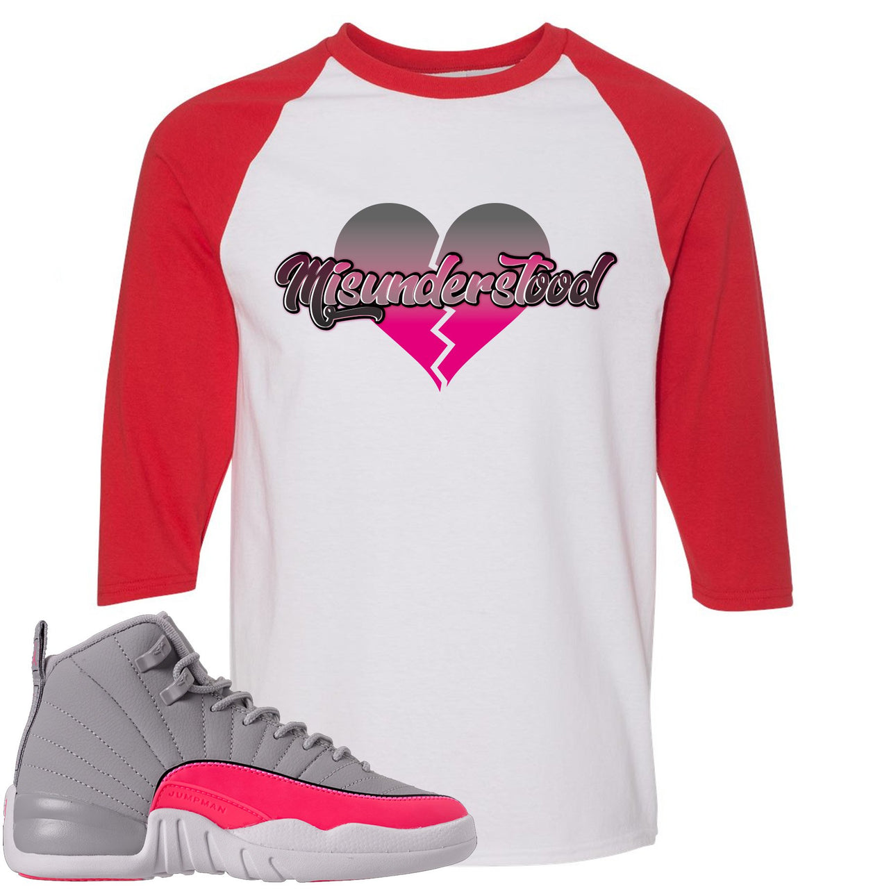 Grey Pink 12s Raglan T Shirt | Misunderstood, White and Red