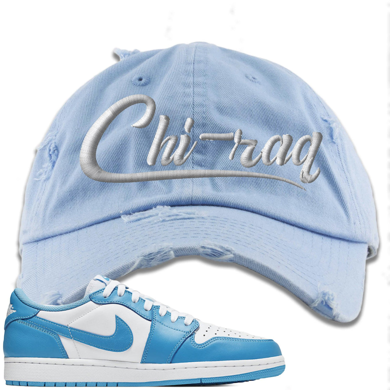 UNC Low 1s Distressed Dad Hat | Chiraq, Light Blue