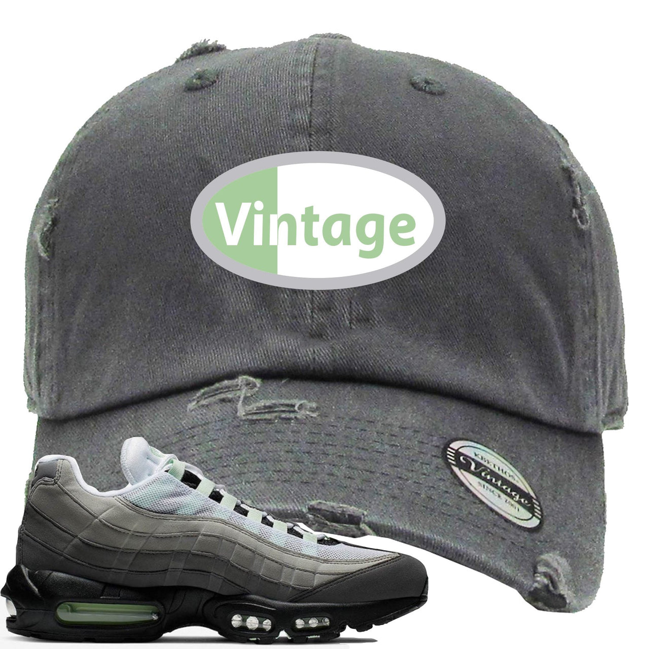 Fresh Mint 95s Distressed Dad Hat | Vintage Oval Logo, Dark Gray