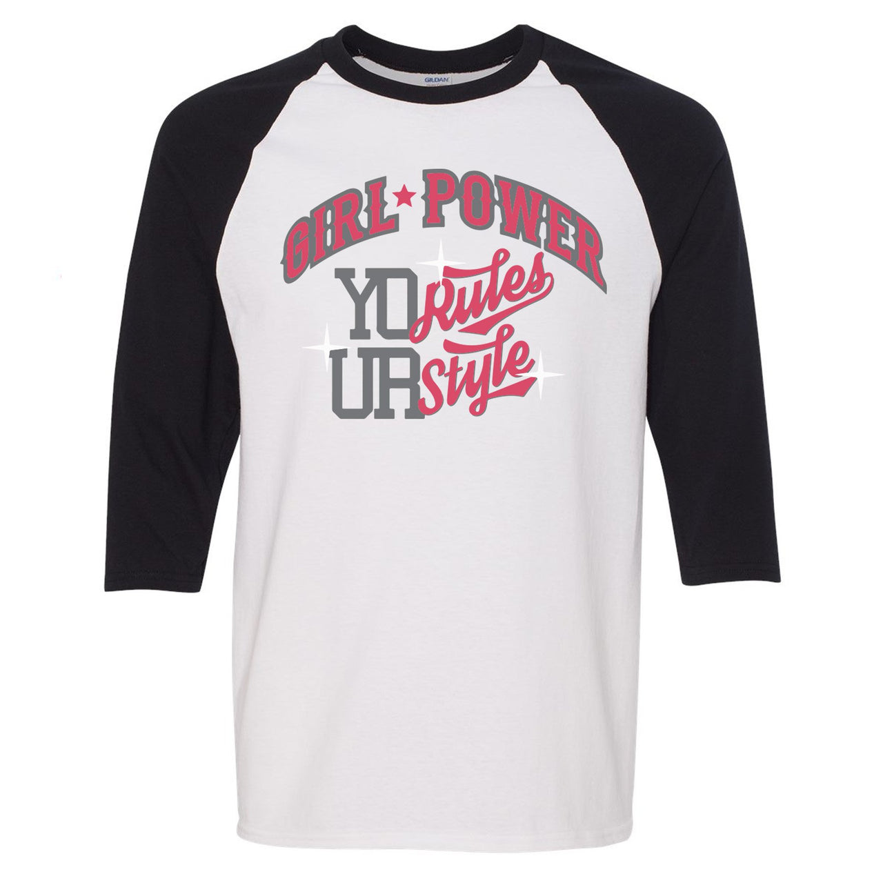 Grey Pink 12s Raglan T Shirt | Girl Power, White and Black