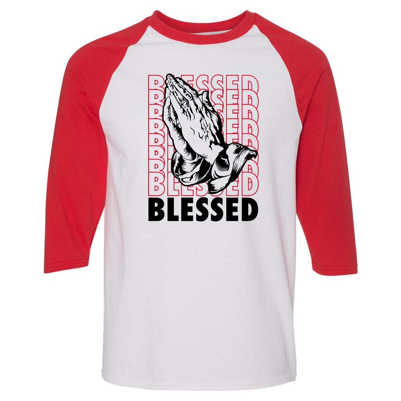 Reflections of a Champion 7s Raglan T Shirt | Blessed Praying Hands, White and Red