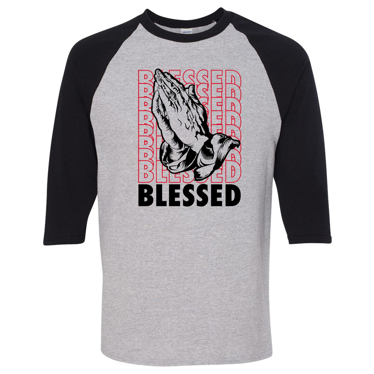 Reflections of a Champion 7s Raglan T Shirt | Blessed Praying Hands, Sports Gray and Black