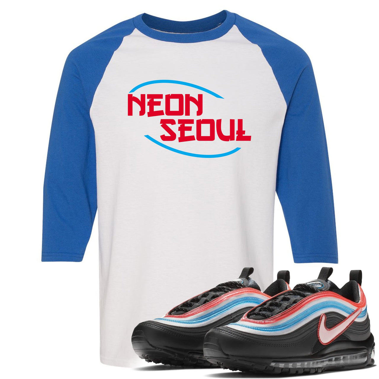 Neon Seoul 97s Raglan T Shirt | Seoul in English, White and Blue
