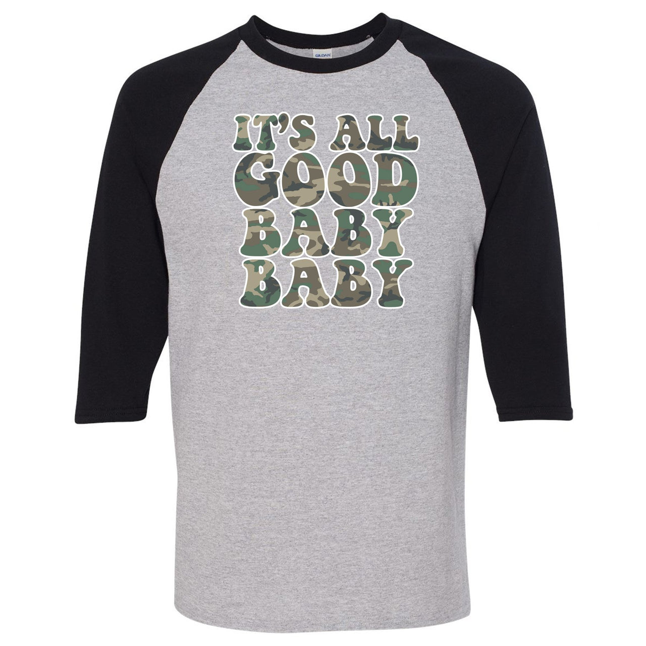 Camo Uptempos Raglan T Shirt | It's All Good Baby Baby, Sport Grey and Black