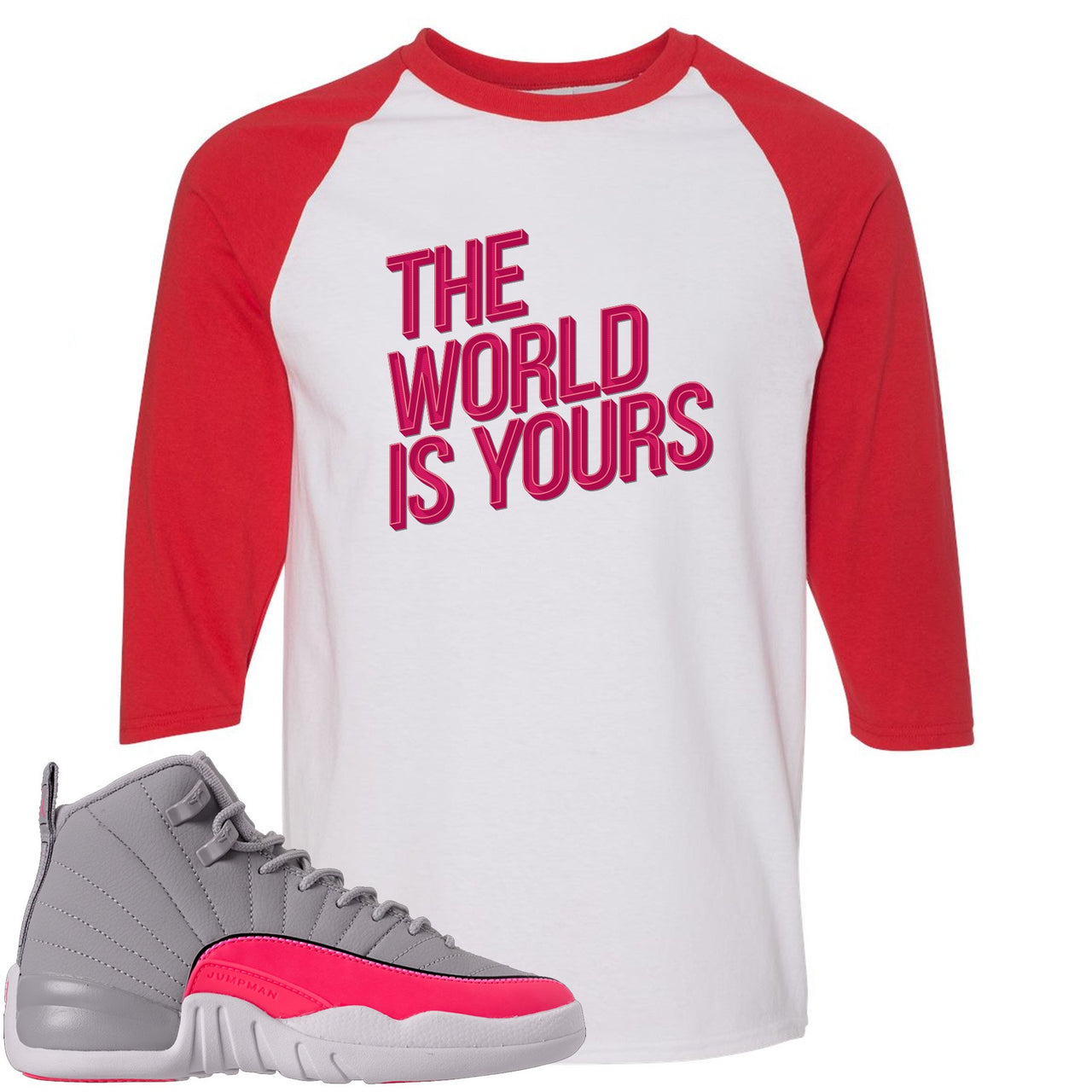 Grey Pink 12s Raglan T Shirt | The World Is Yours, White and Red