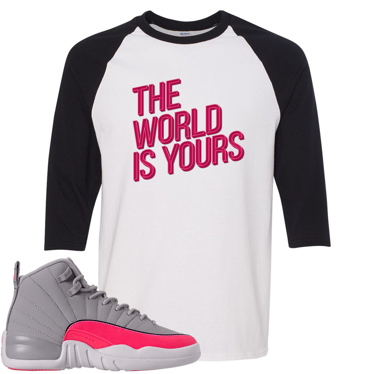 Grey Pink 12s Raglan T Shirt | The World Is Yours, White and Black