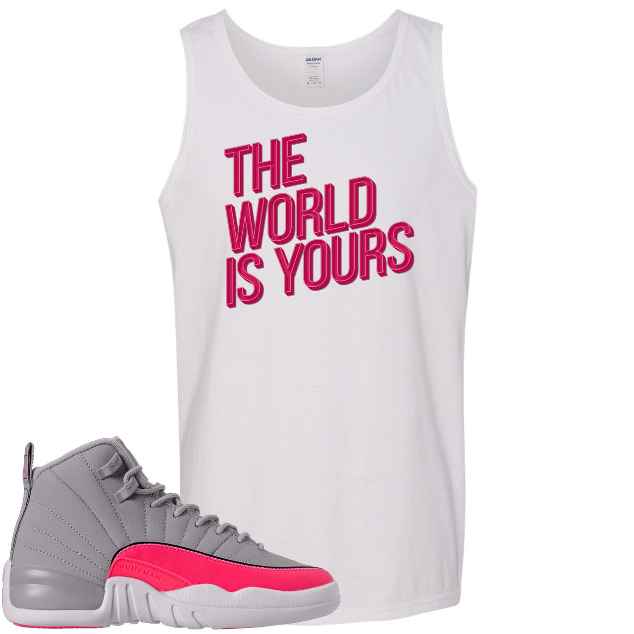 Grey Pink 12s Mens Tank Top | The World Is Yours, White