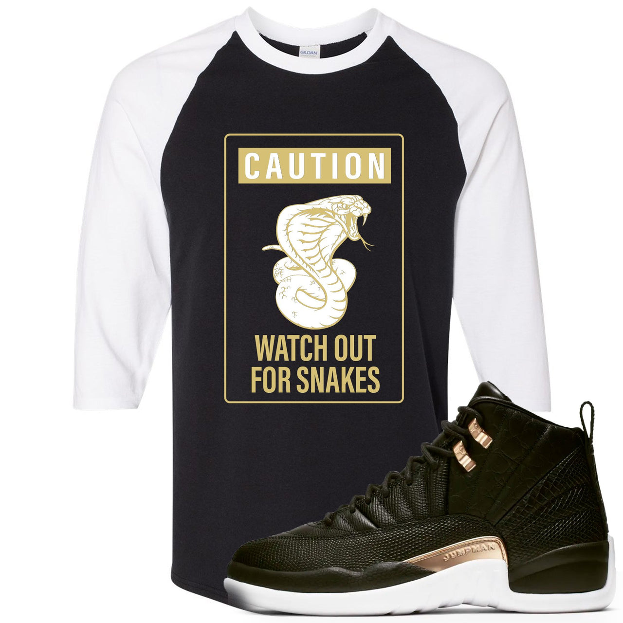 Reptile WMNS 12s Raglan T Shirt | Caution Snake, Black and White