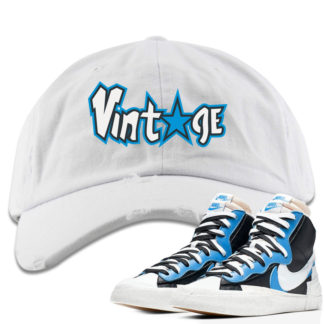 University Blue Blazers Distressed Dad Hat | Vintage Logo with Star, White