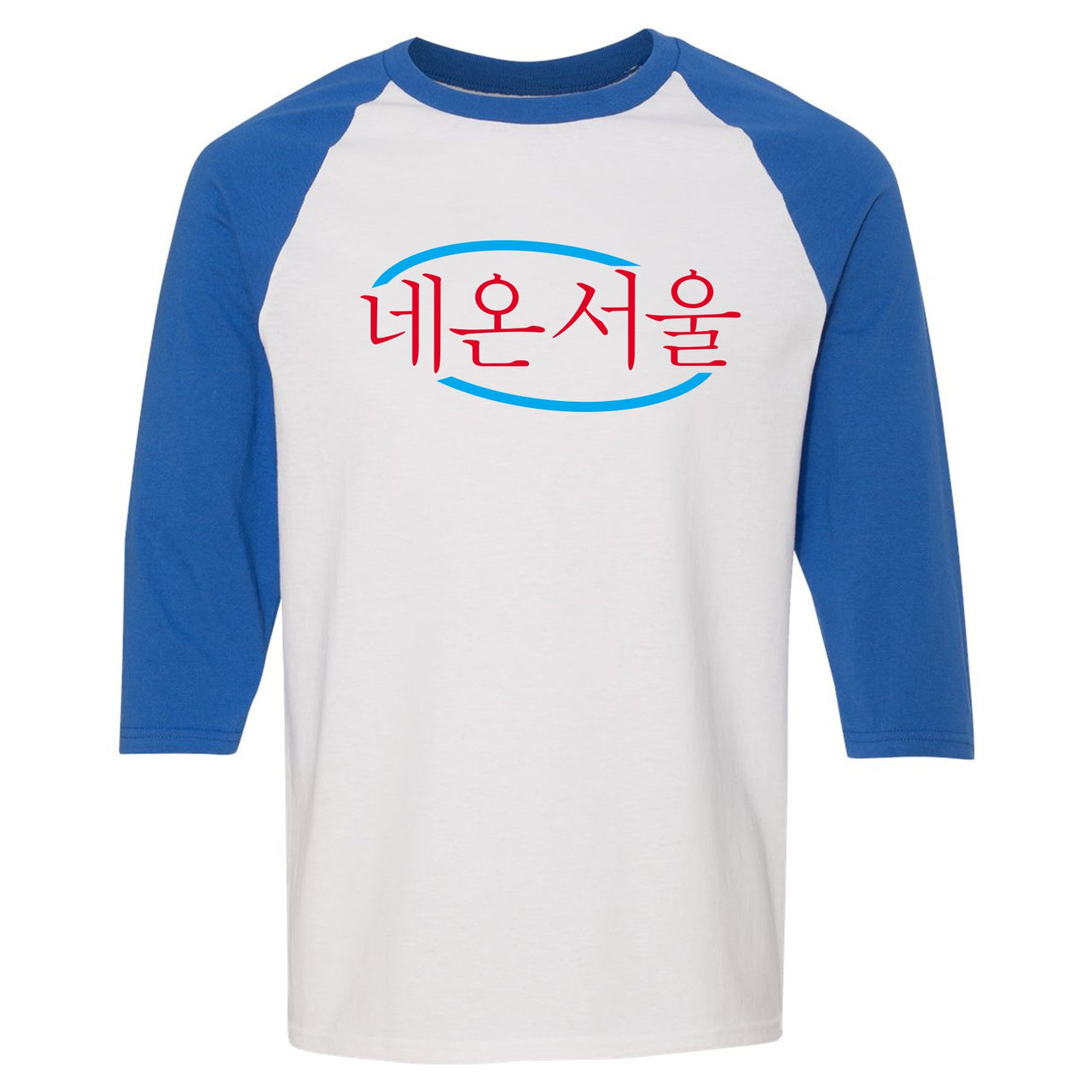 Neon Seoul 97s Raglan T Shirt | Seoul in Korean, White and Blue
