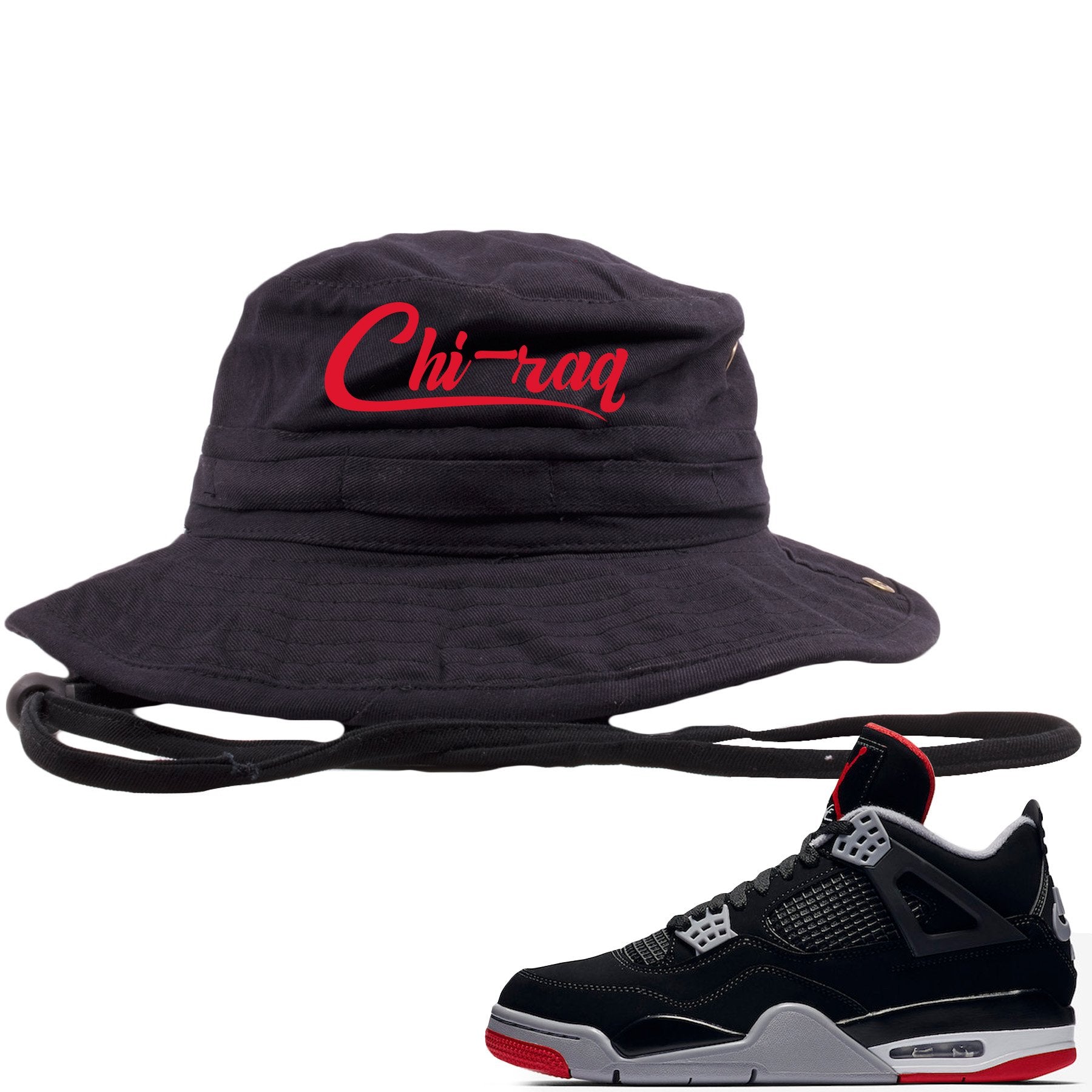 This black and red bucket hat will match great with your Air Jordan 4 Bred shoes