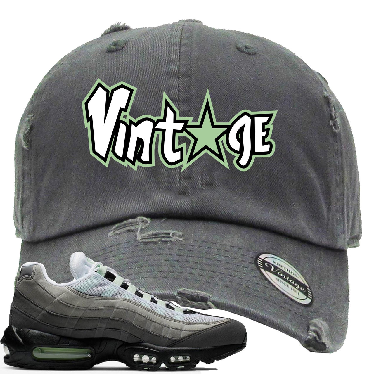 Fresh Mint 95s Distressed Dad Hat | Vintage Star Logo, Dark Gray