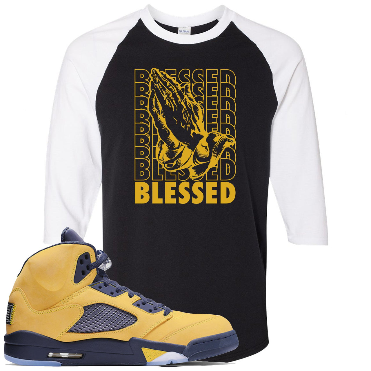 Michigan Inspire 5s Raglan T Shirt | Blessed Praying Hands, Black and White