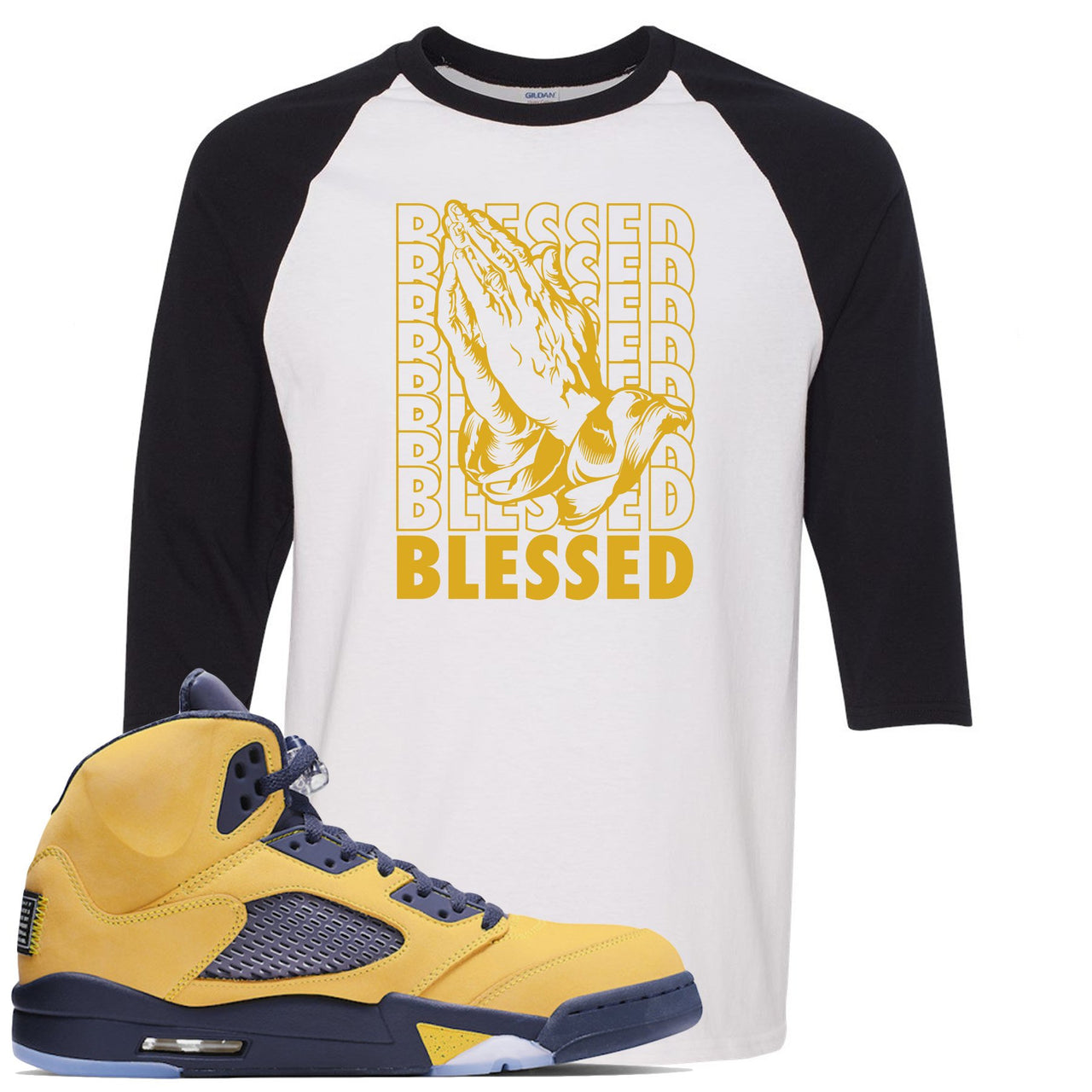 Michigan Inspire 5s Raglan T Shirt | Blessed Praying Hands, White and Black