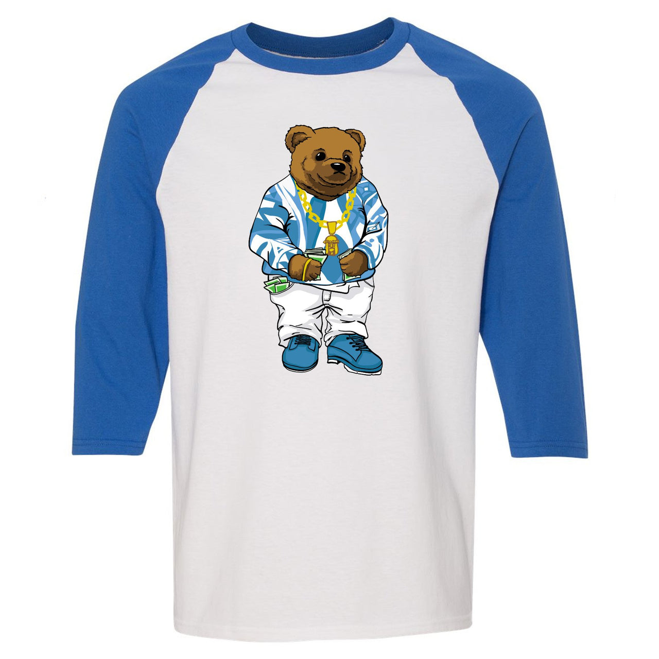 UNC Low 1s Raglan T Shirt | Sweater Bear, White and Light Blue