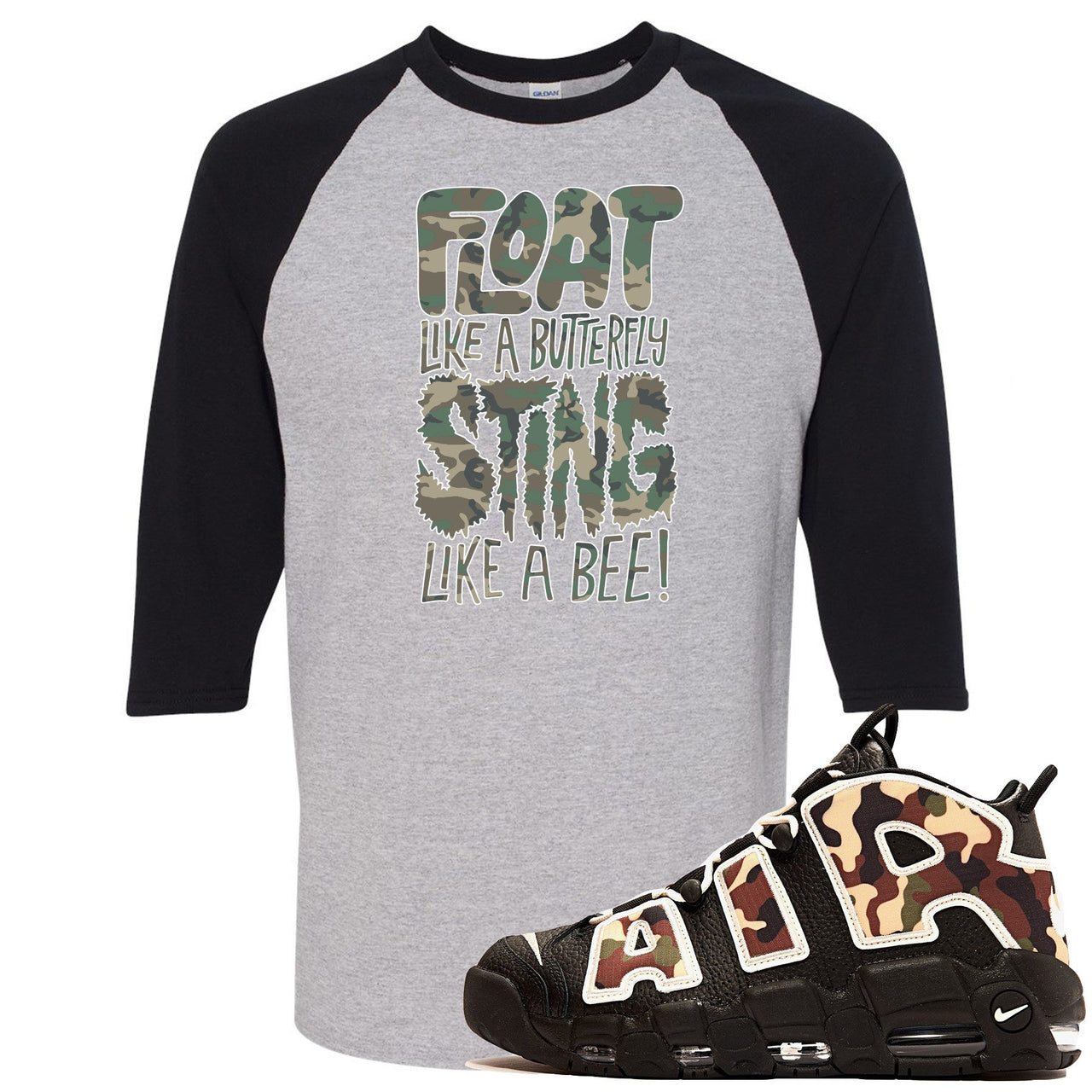 Camo Uptempos Raglan T Shirt | Float Like A Butterfly Sting Like a Bee, Sport Grey and Black