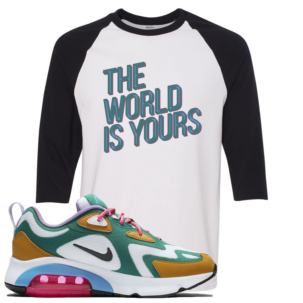 Mystic Green 200s Raglan T Shirt | The World Is Yours, White and Black