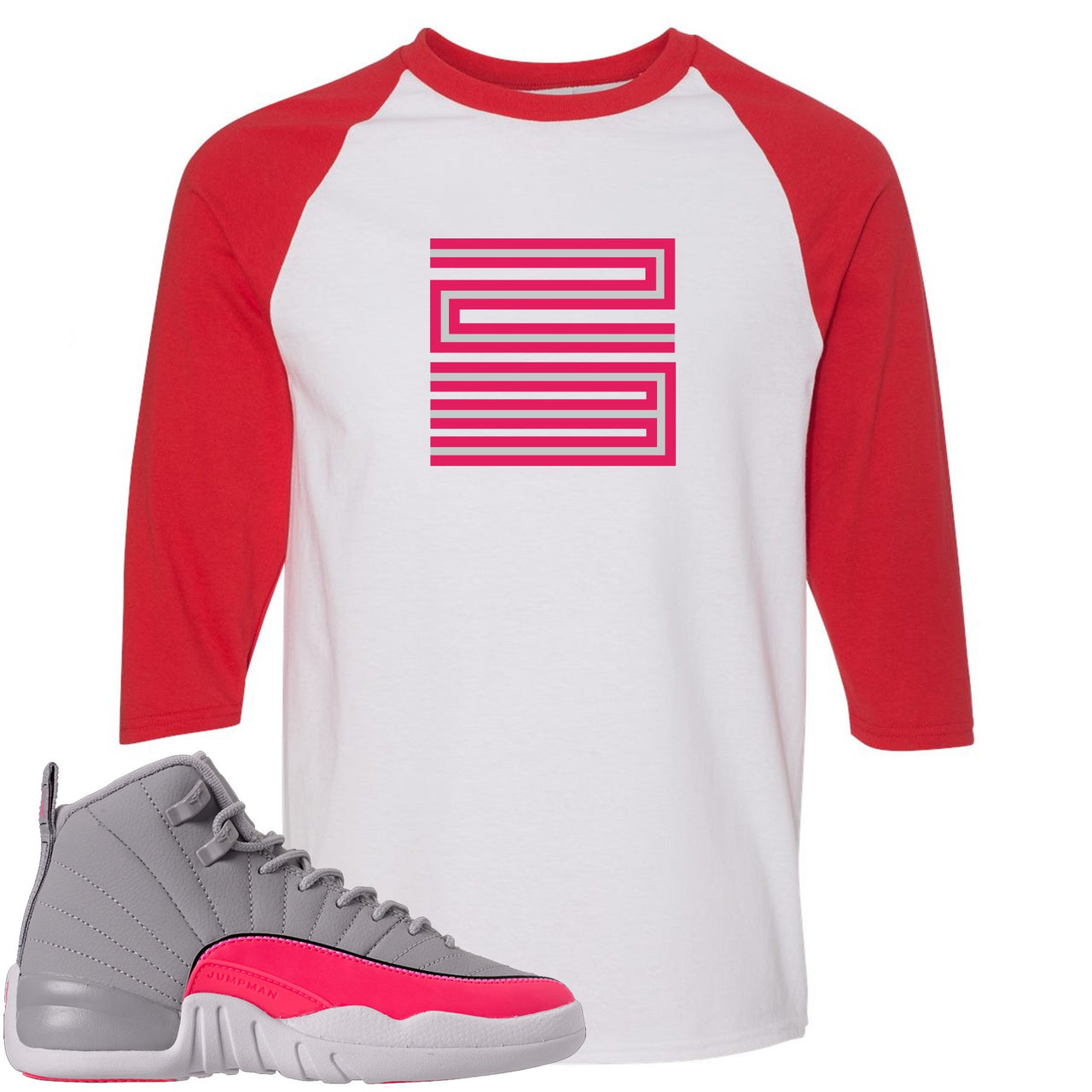 Grey Pink 12s Raglan T Shirt | 23, White and Red