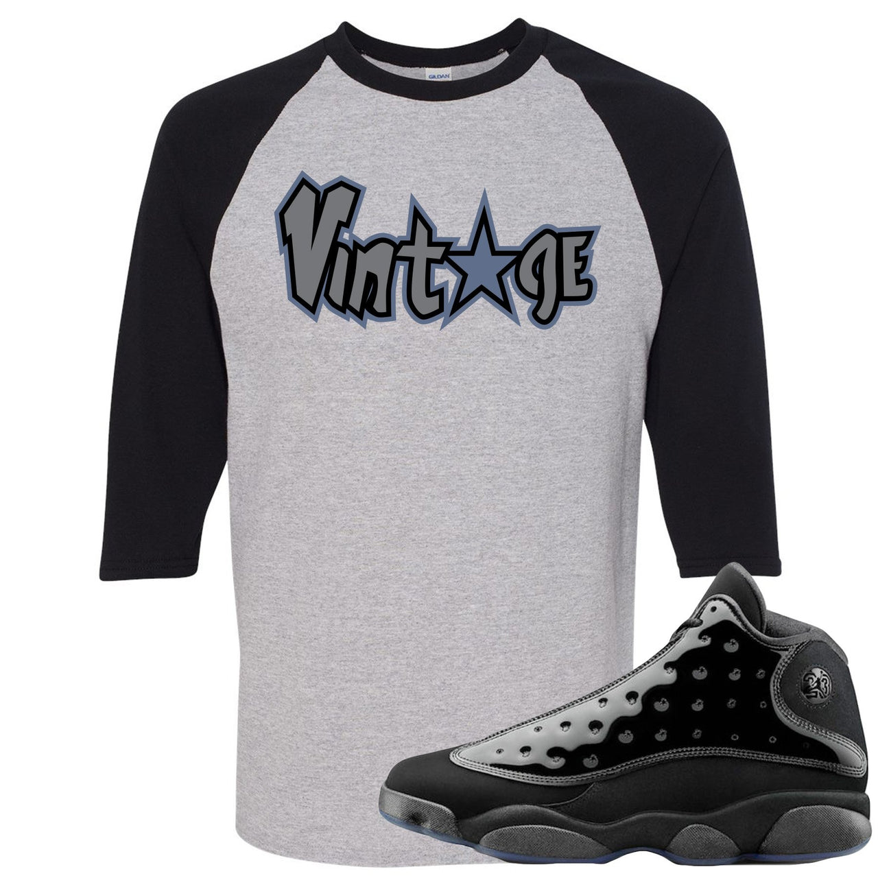 Cap and Gown 13s Raglan T Shirt | Vintage Star Logo, Black and Sports Grey