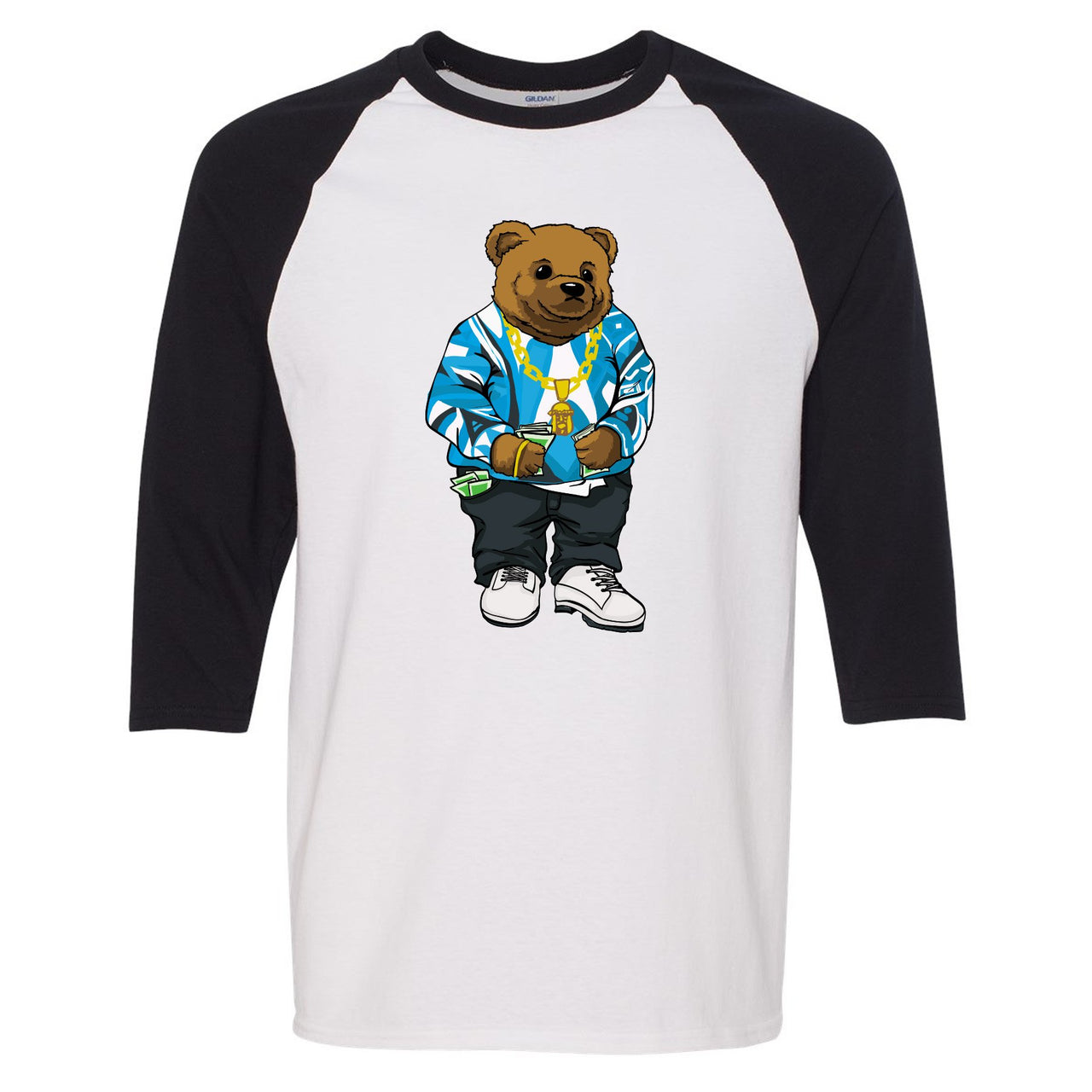 University Blue Blazers Raglan T Shirt | Sweater Bear, White and Black