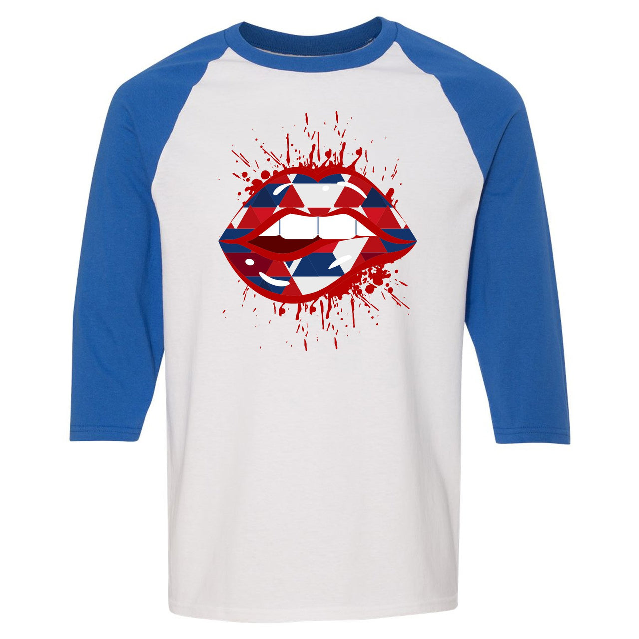 USA One Foams Raglan T Shirt | Geometric Lips Splatter, White and Blue