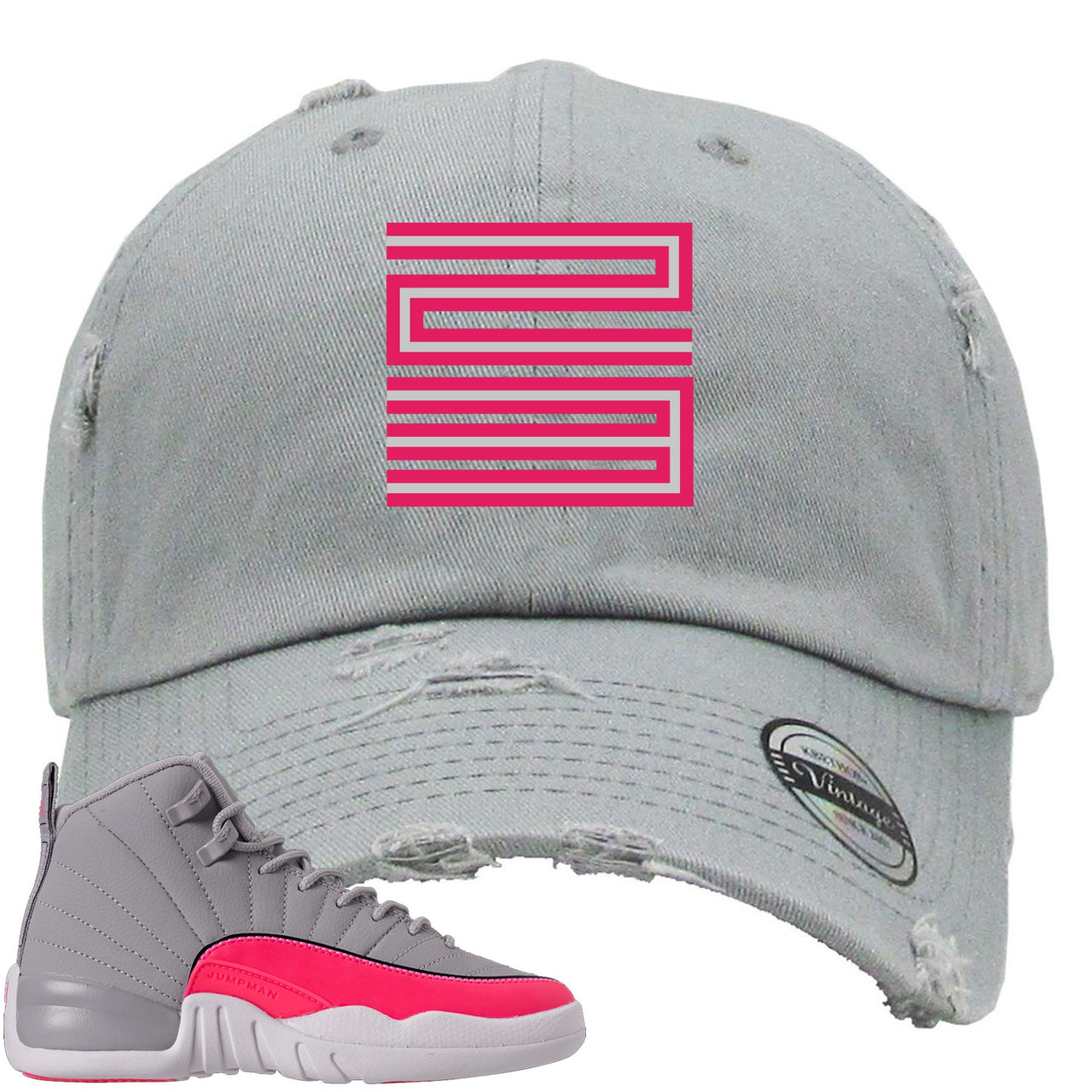 Grey Pink 12s Distressed Dad Hat | 23, Light Grey