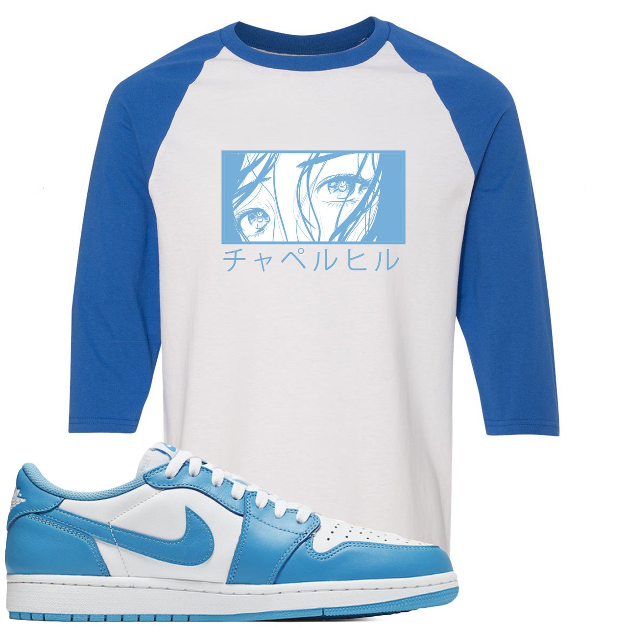 UNC Low 1s Raglan T Shirt | Chapel Hill Japanese, White and Light Blue