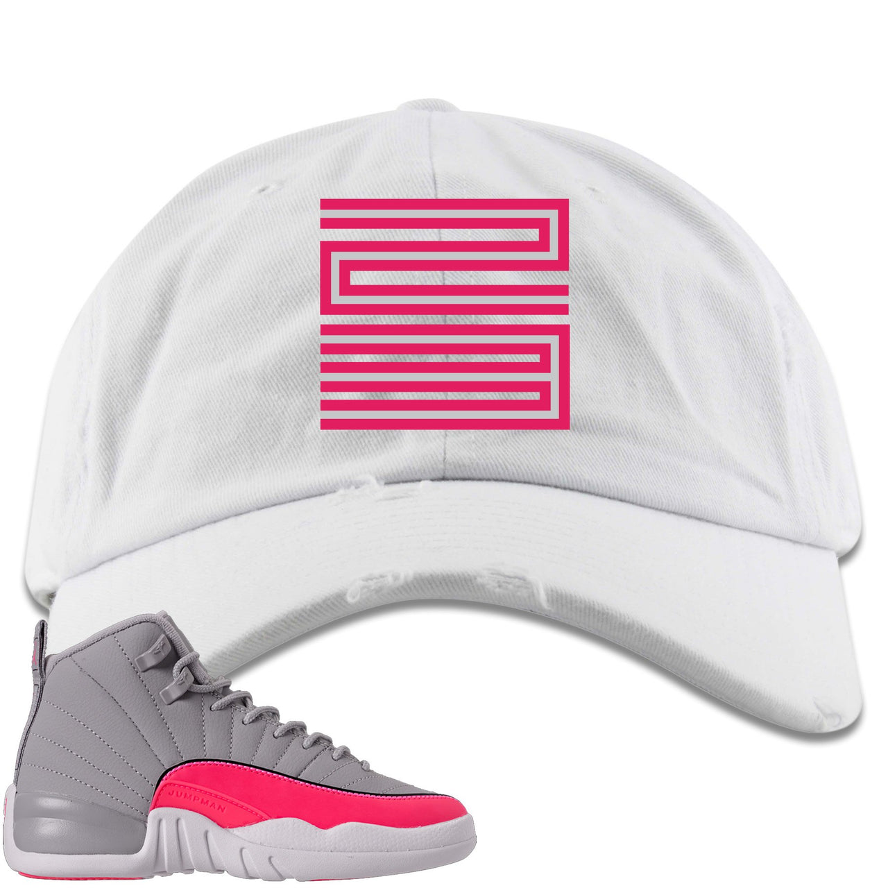 Grey Pink 12s Distressed Dad Hat | 23, White