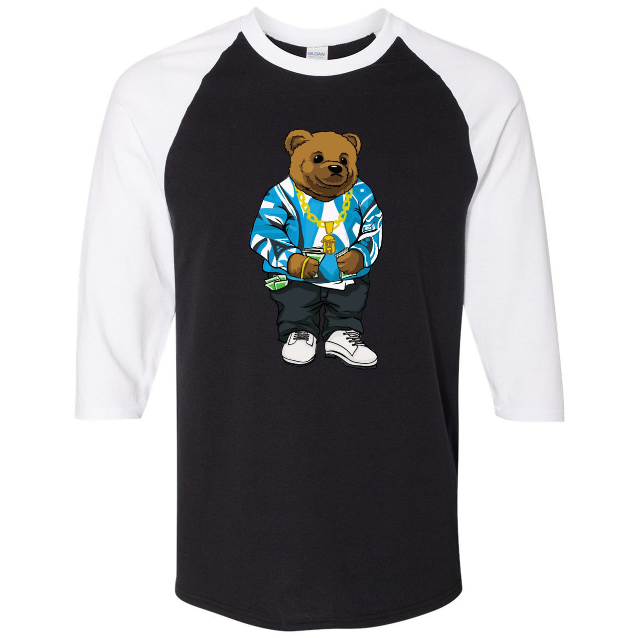 University Blue Blazers Raglan T Shirt | Sweater Bear, Black and White