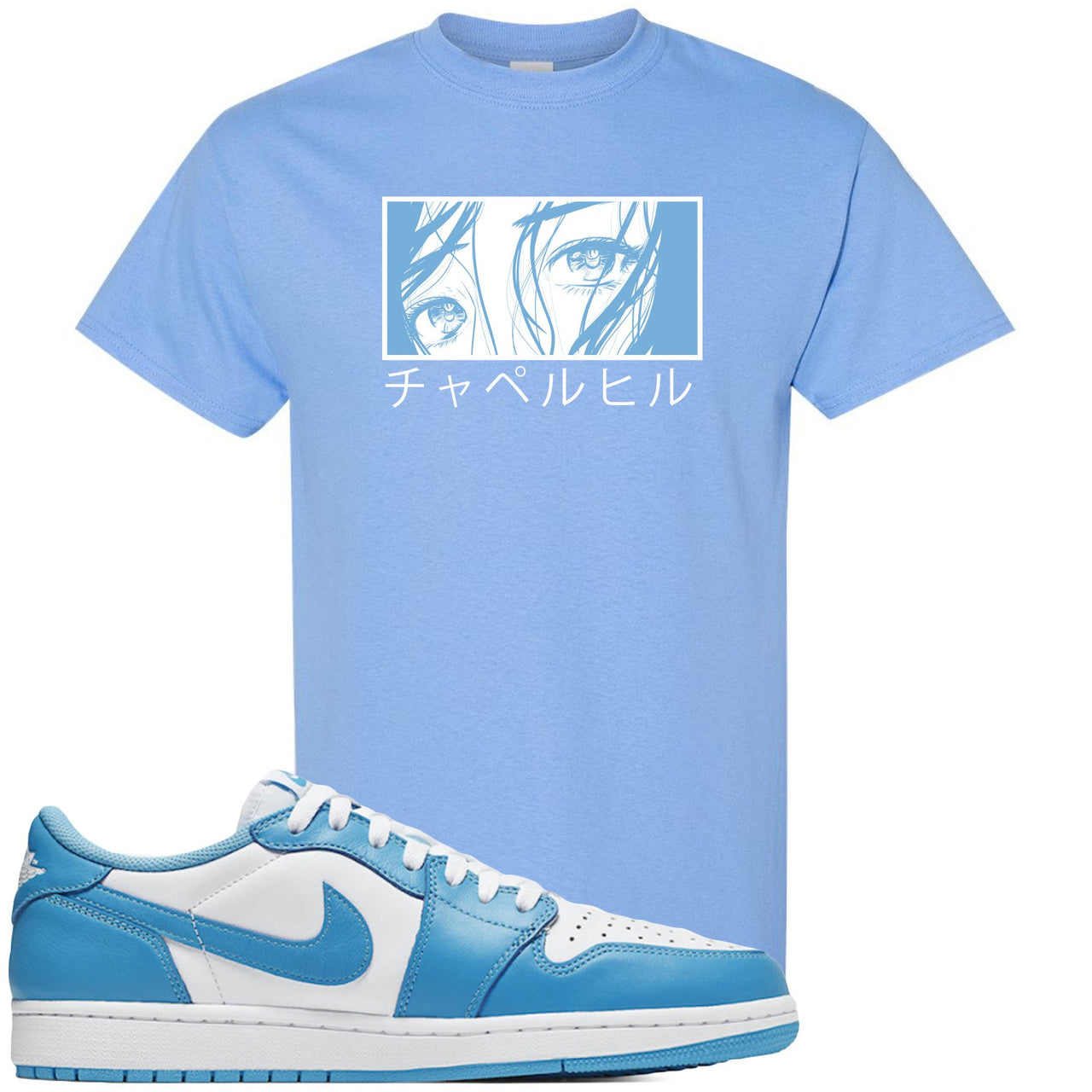 UNC Low 1s T Shirt | Chapel Hill Japanese, Light Blue