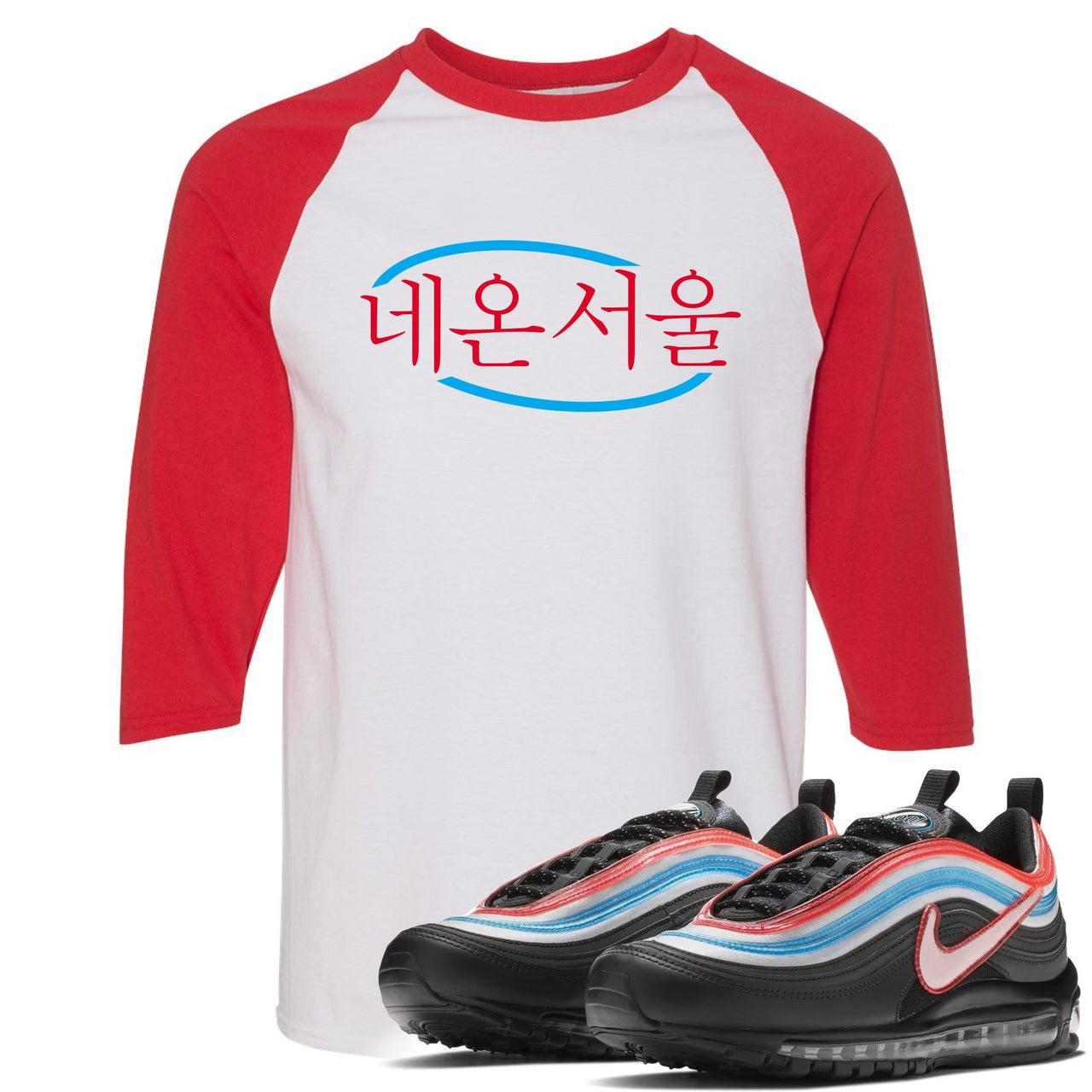 Neon Seoul 97s Raglan T Shirt | Seoul in Korean, White and Red