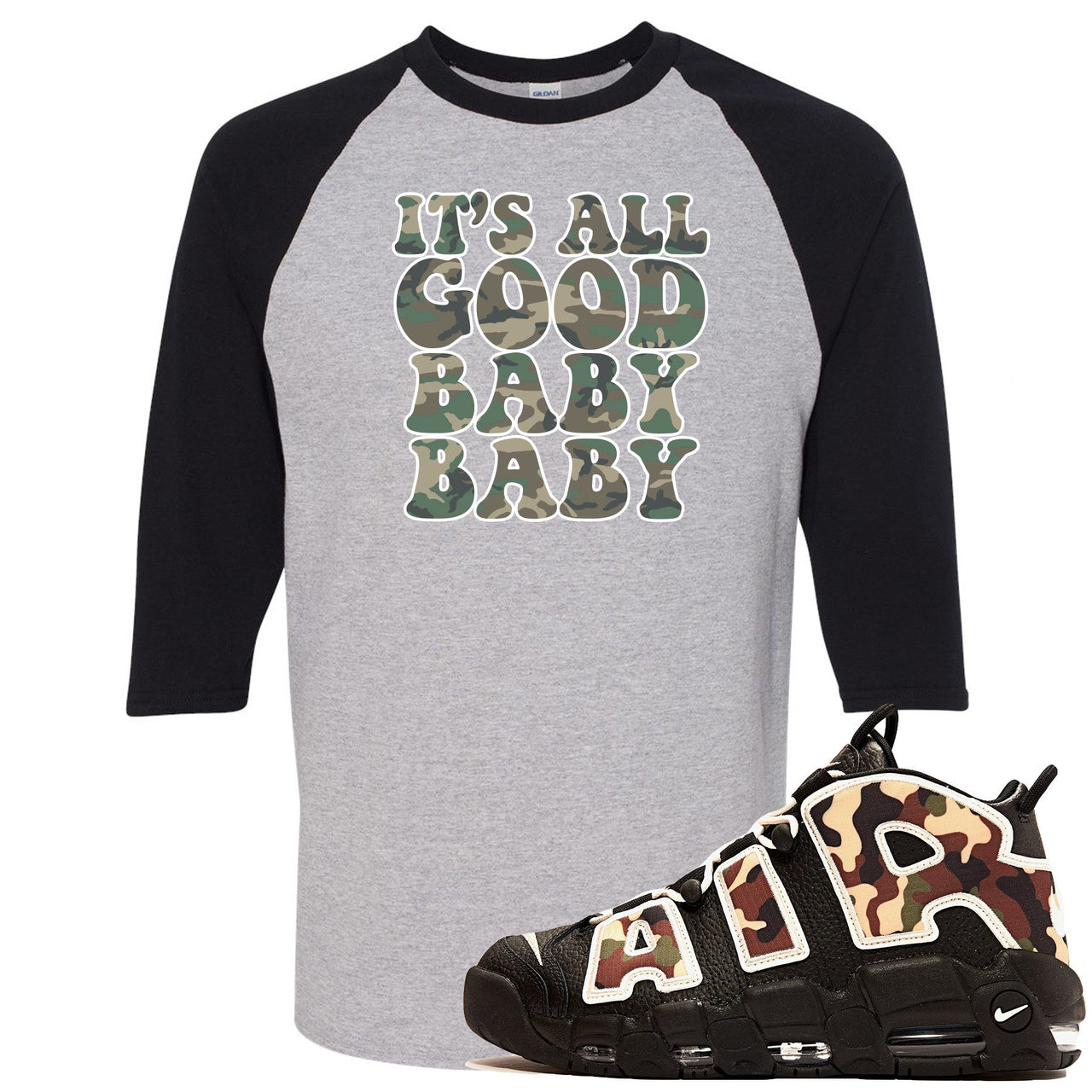 Camo Uptempos Raglan T Shirt | It's All Good Baby Baby, Sport Grey and Black