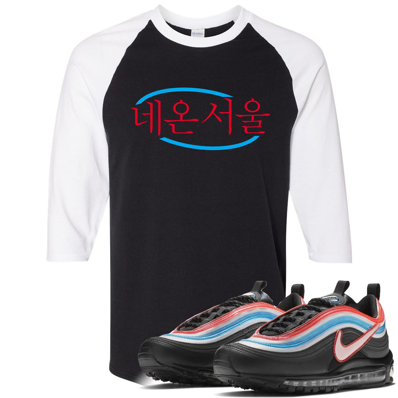 Neon Seoul 97s Raglan T Shirt | Seoul in Korean, Black and White