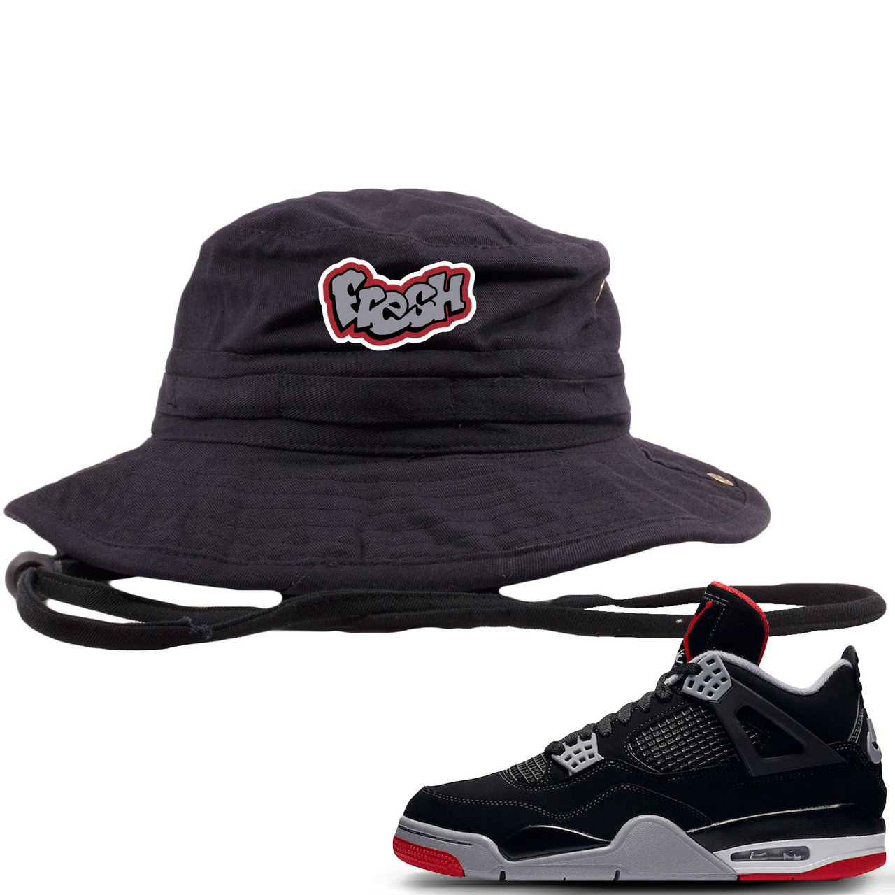 This black and grey bucket hat will match great with you Air Jordan 4 Bred shoes