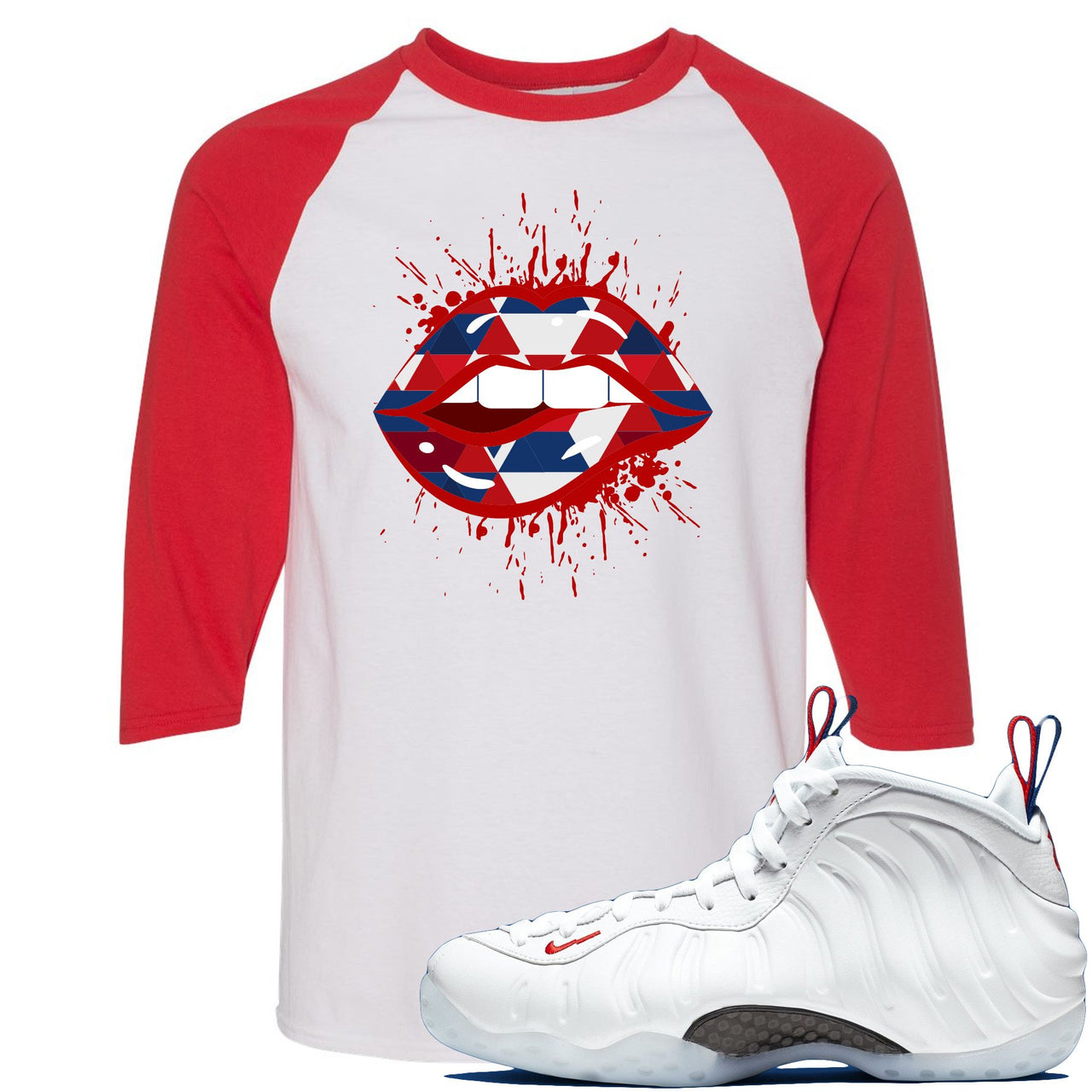 USA One Foams Raglan T Shirt | Geometric Lips Splatter, White and Red