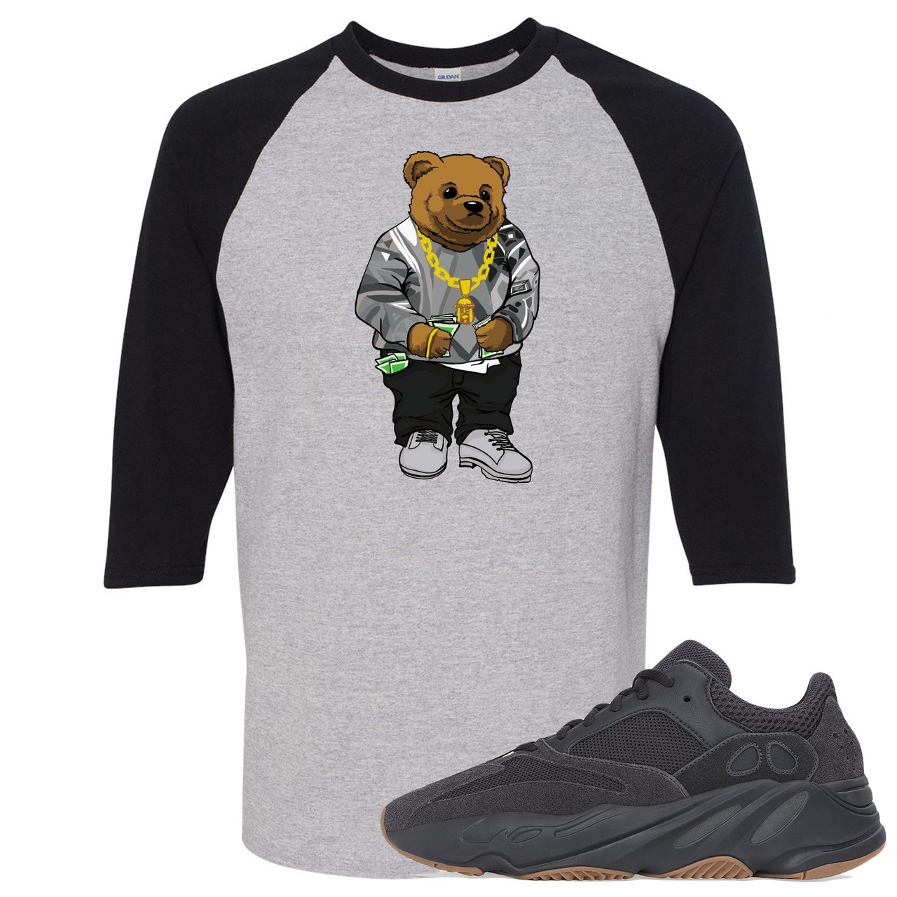 Yeezy Boost 700 Utility Black Sneaker Hook Up Sweater Bear Sports Grey and Black Raglan T-Shirt