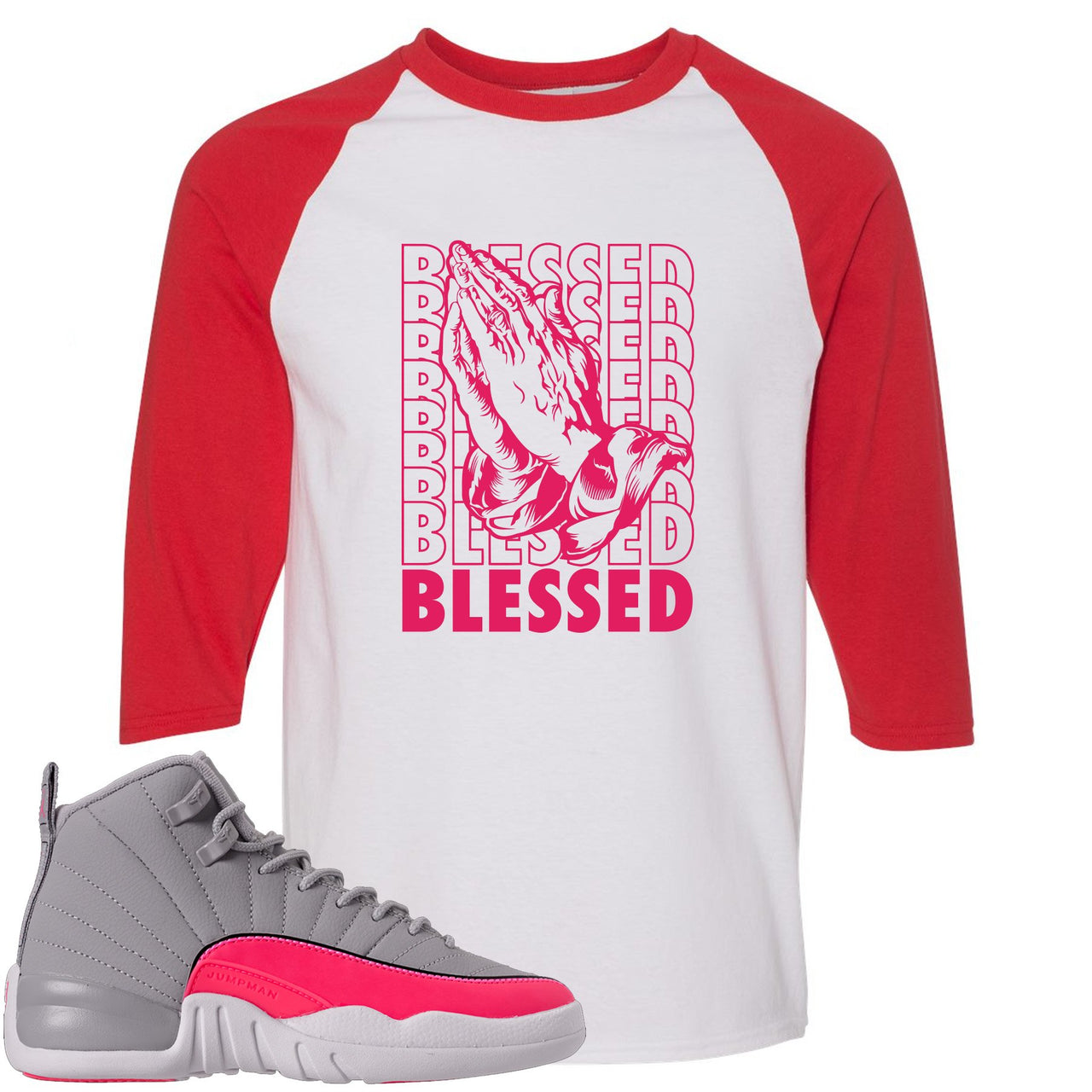 Grey Pink 12s Raglan T Shirt | Blessed, White and Red
