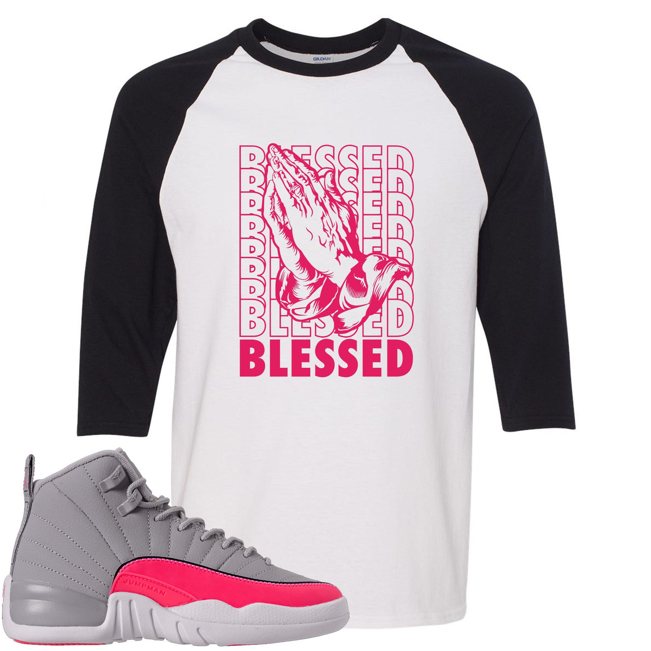 Grey Pink 12s Raglan T Shirt | Blessed, White and Black