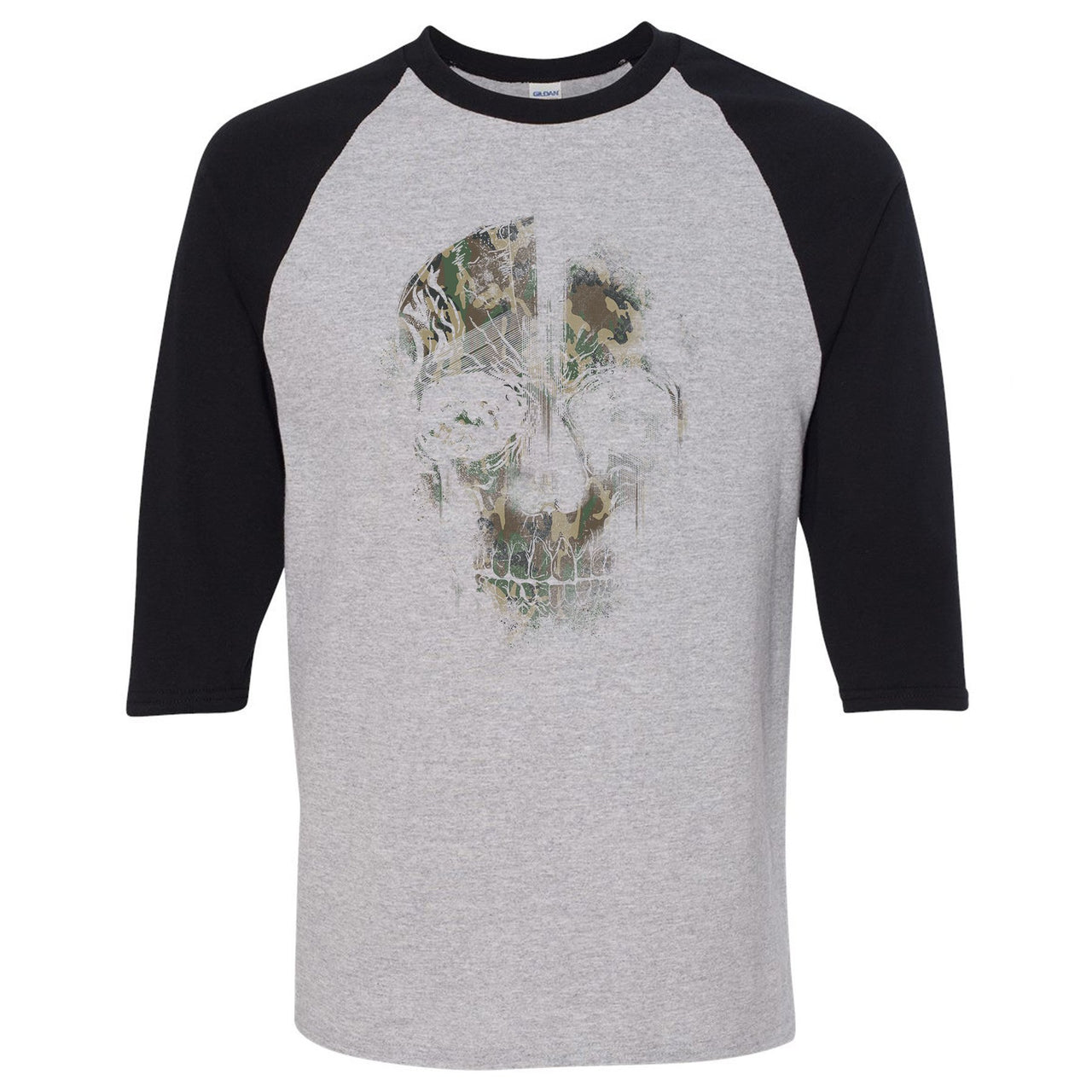 Camo Uptempos Raglan T Shirt | Camo Distressed Skull Head, Sport Grey and Black