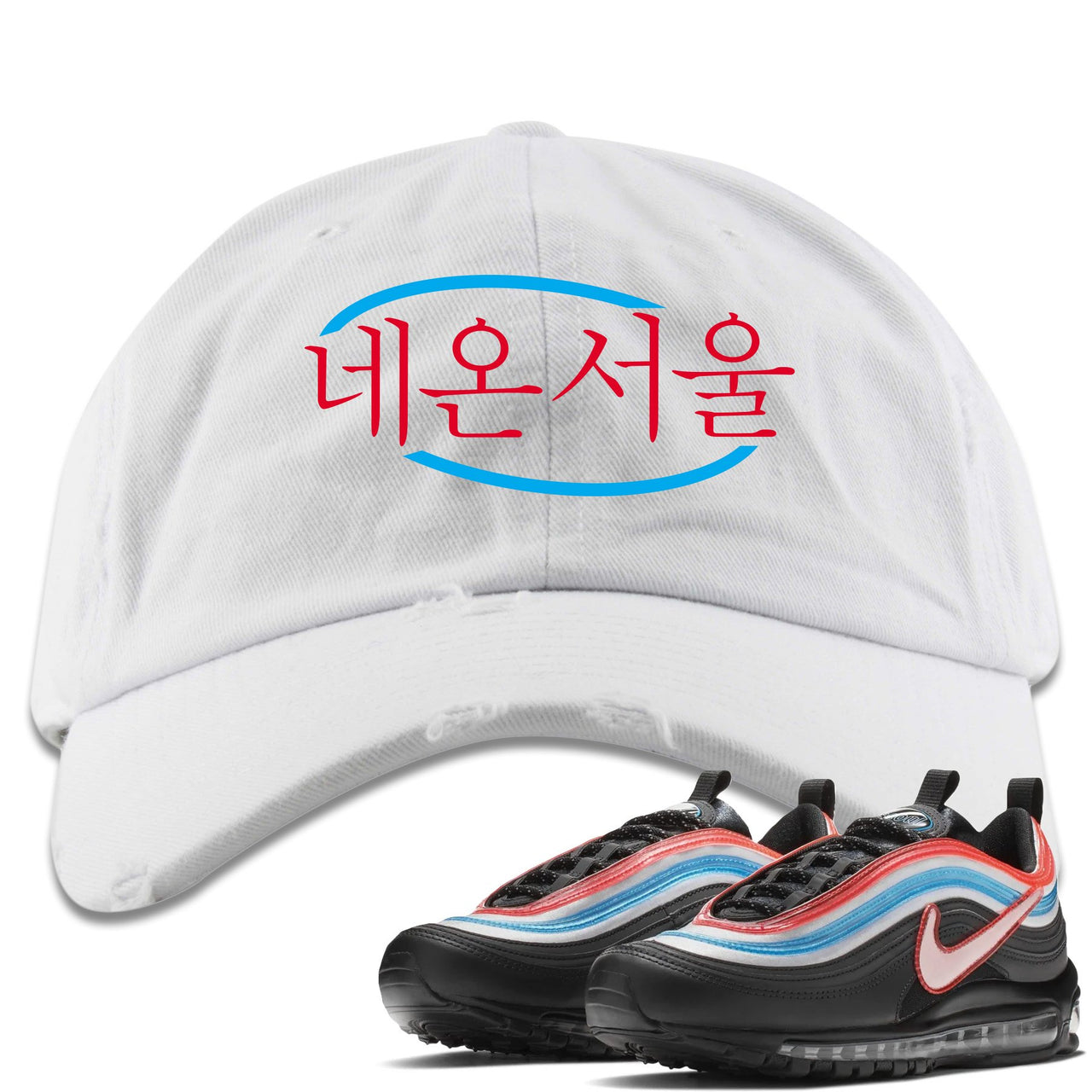 Neon Seoul 97s Distressed Dad Hat | Seoul in Korean, White