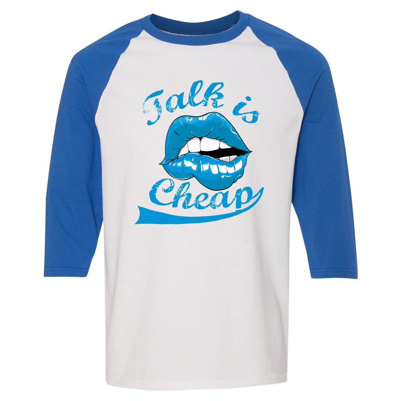 University Blue Blazers Raglan T Shirt | Talking Lips, White and Blue