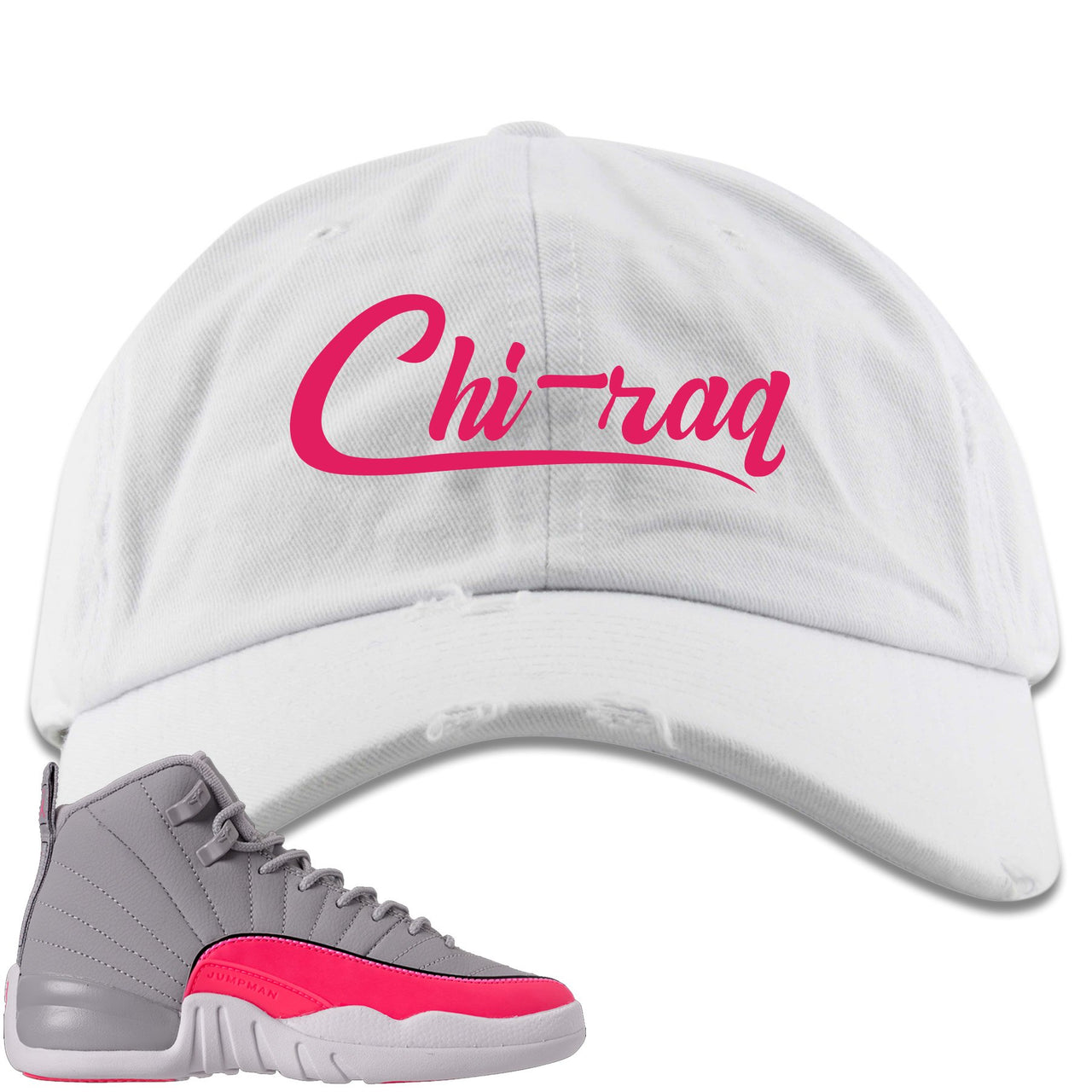 Grey Pink 12s Distressed Dad Hat | Chiraq, White