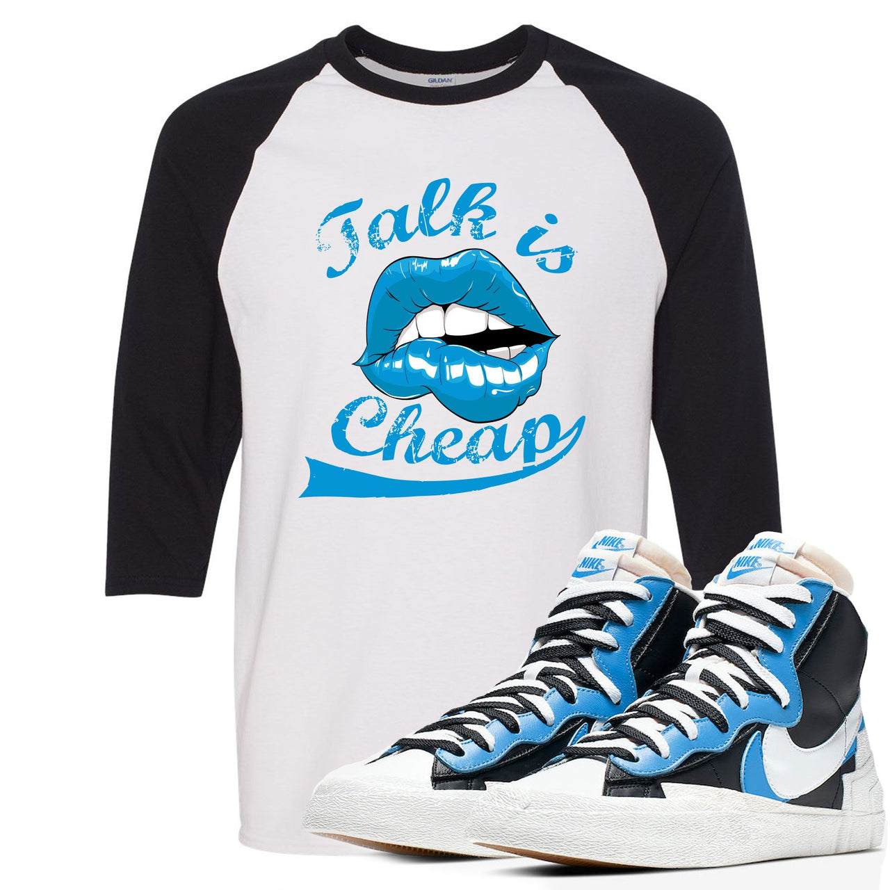 University Blue Blazers Raglan T Shirt | Talking Lips, White and Black