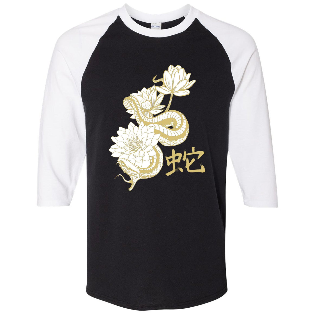 Reptile WMNS 12s Raglan T Shirt | Snake with Lotus Flowers, Black and White