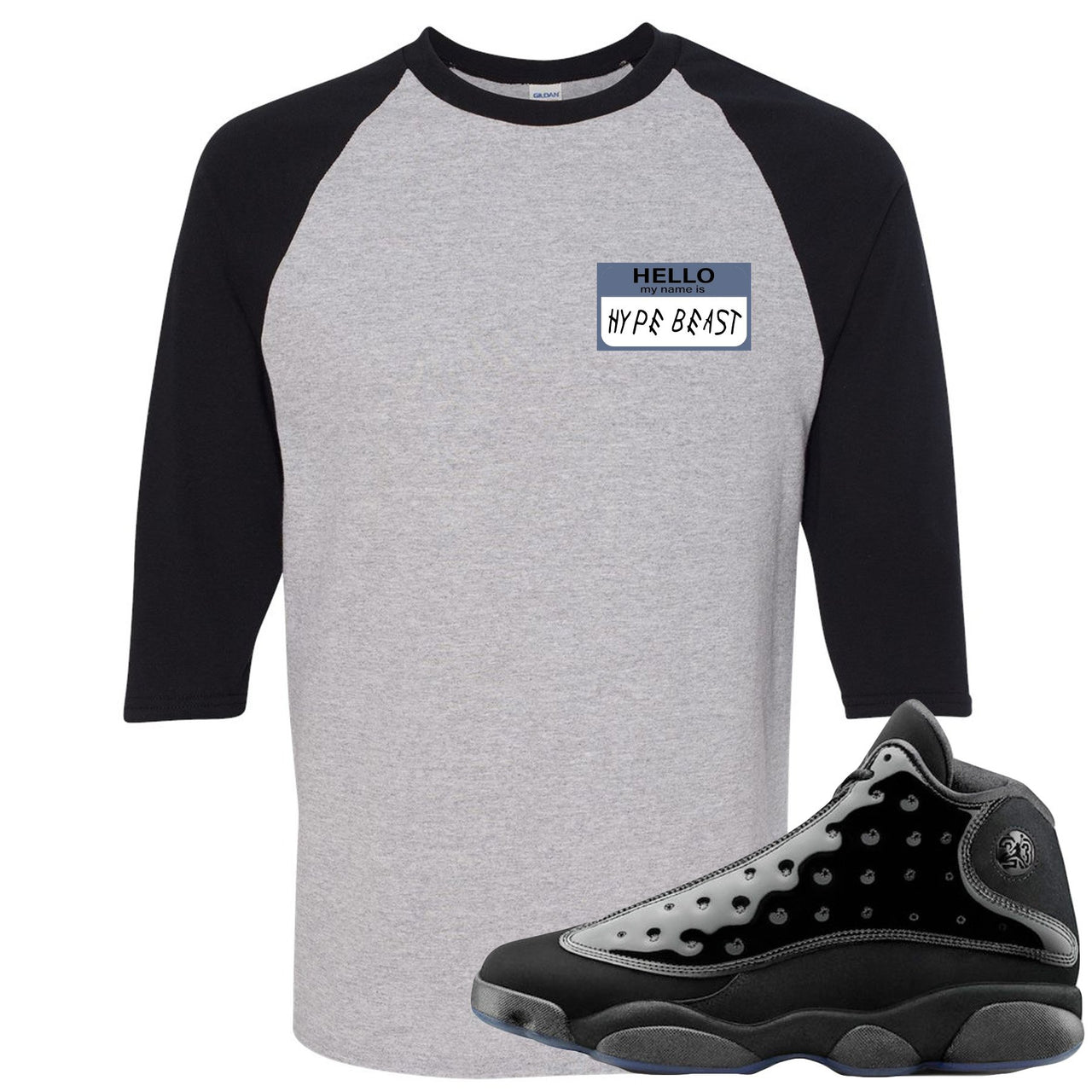 Cap and Gown 13s Raglan T Shirt | Hello My Name is Hype Beast Woe Style, Black and Sports Grey