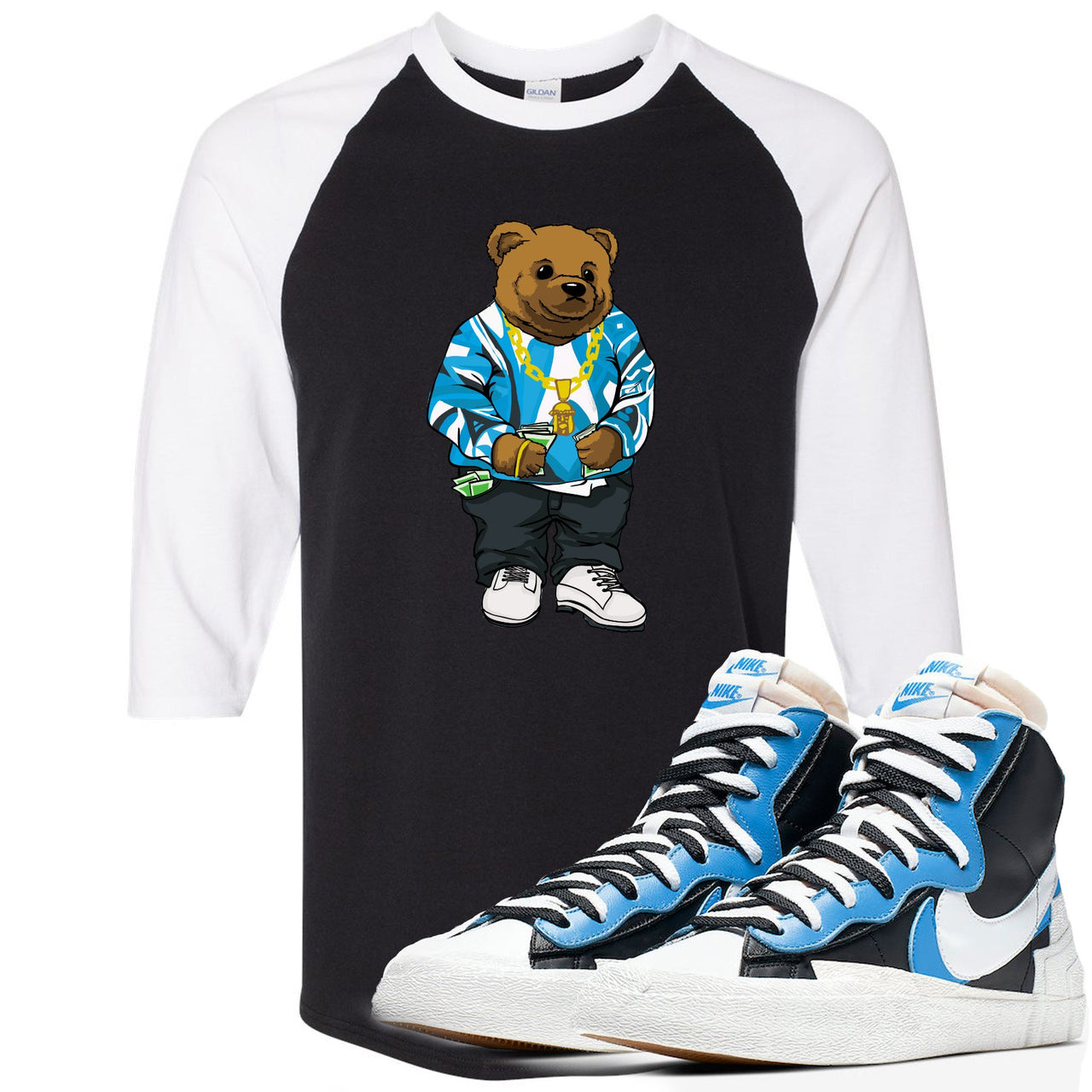 University Blue Blazers Raglan T Shirt | Sweater Bear, Black and White