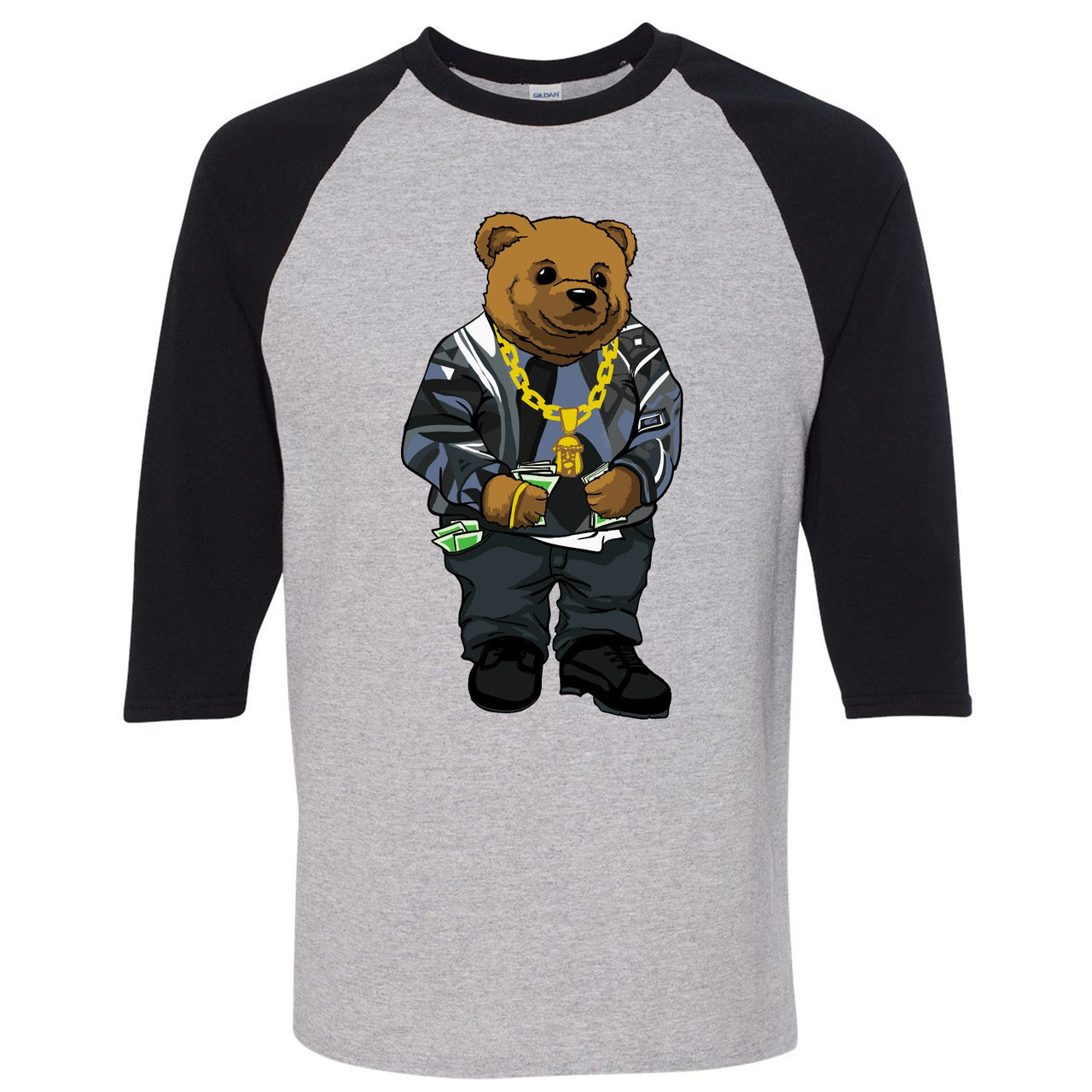 Cap and Gown 13s Raglan T Shirt | Sweater Bear, Black and Sports Grey